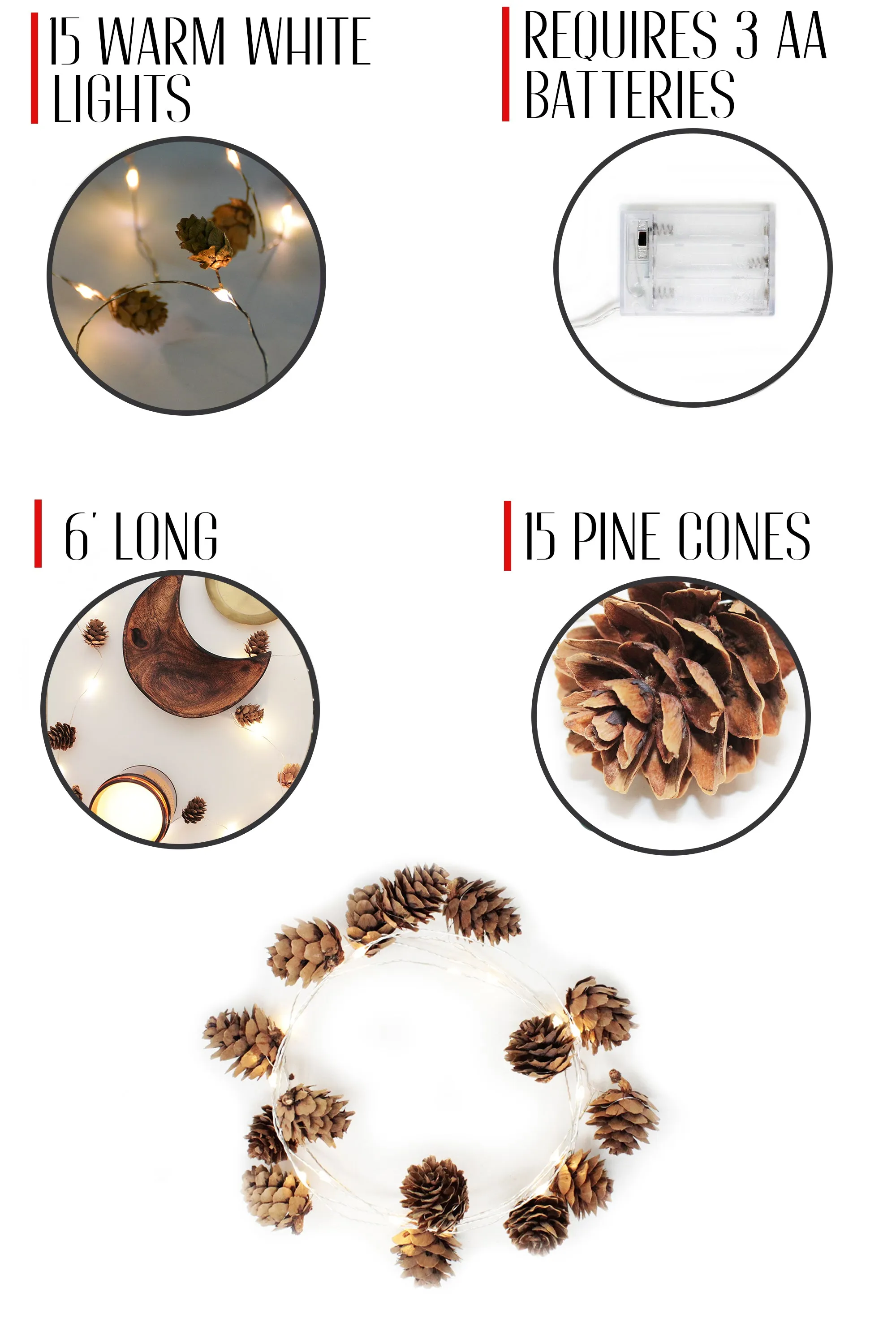 15 LED Pine Cone String Light Battery Operated - Warm White