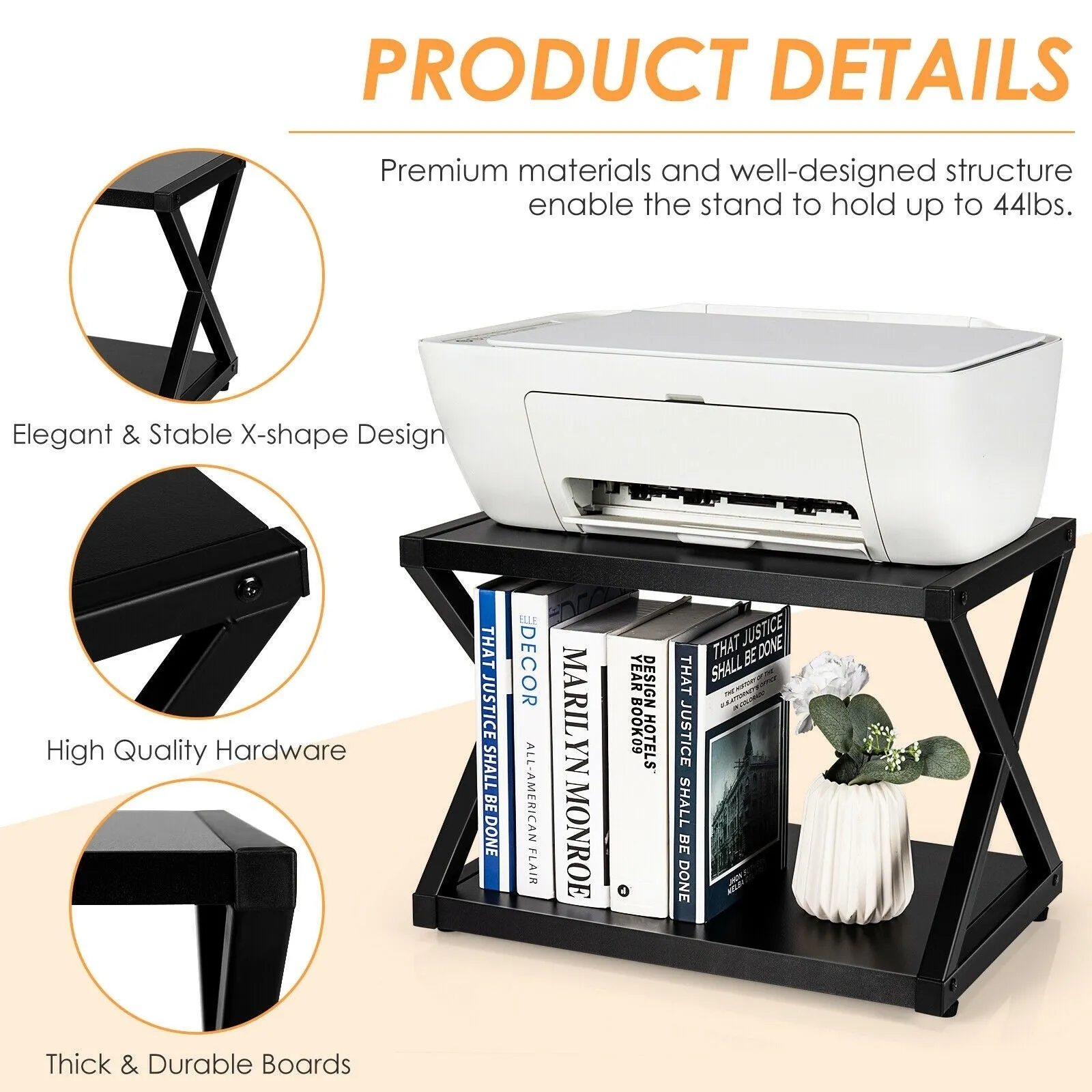 2 Tier Desktop Printer Stand with Anti-Skid Pads - Black