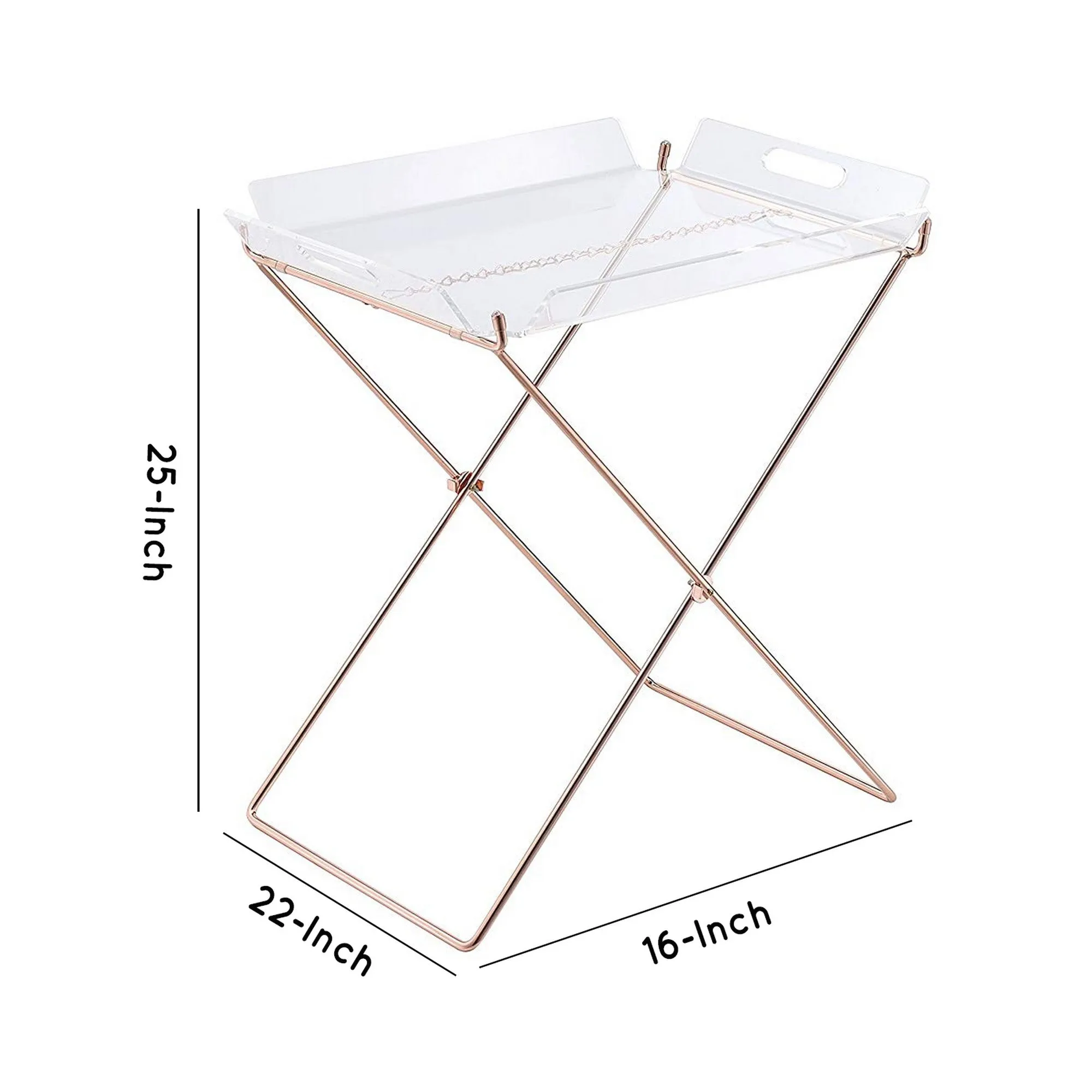 22 Inch Acrylic Tray Table With X Metal Base, Copper  By Benzara