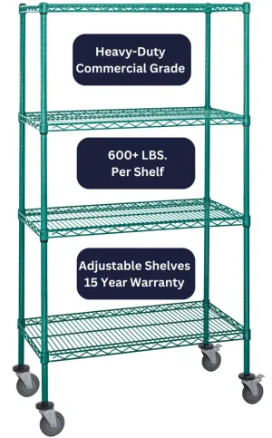 24" x 54" Green Shelving on Wheels