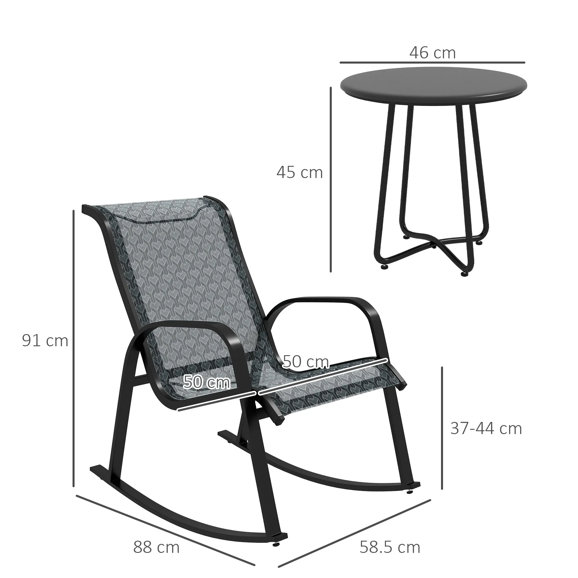 3 Pcs Garden Rocking Set w/ 2 Armchairs, Metal Top Coffee Table, Patio Bistro Set w/ Curved Armrests, Breathable Mesh Fabric Seat, Mixed Grey