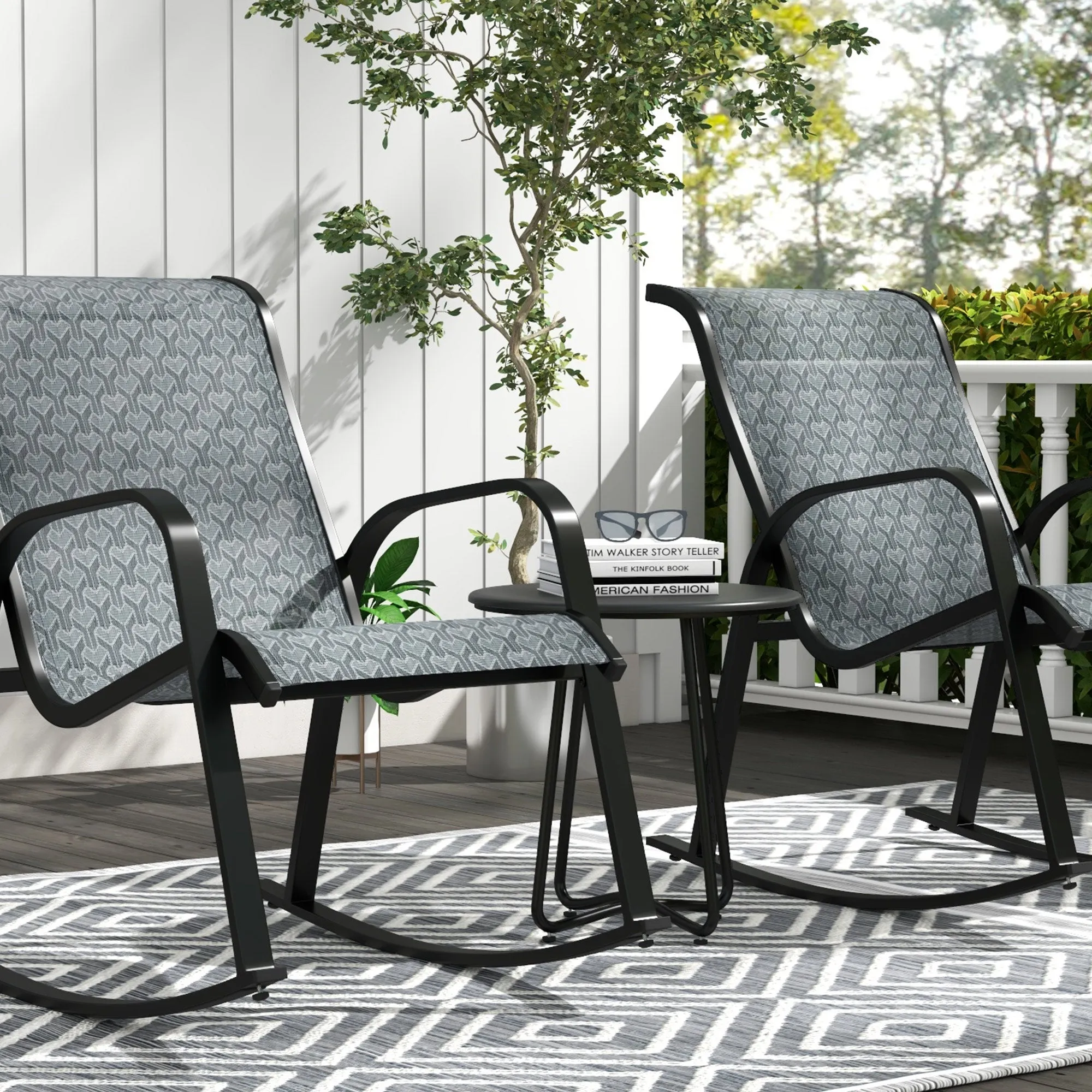 3 Pcs Garden Rocking Set w/ 2 Armchairs, Metal Top Coffee Table, Patio Bistro Set w/ Curved Armrests, Breathable Mesh Fabric Seat, Mixed Grey