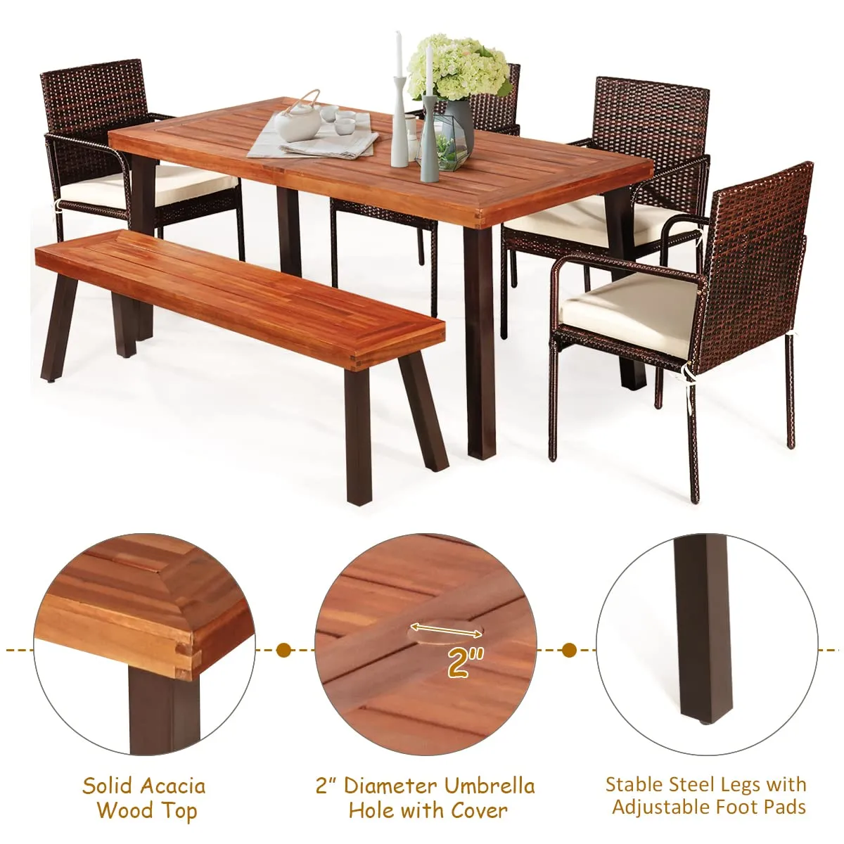 6-Piece Acacia Wood Patio Dining Set, Patiojoy Outdoor Wicker Furniture Set