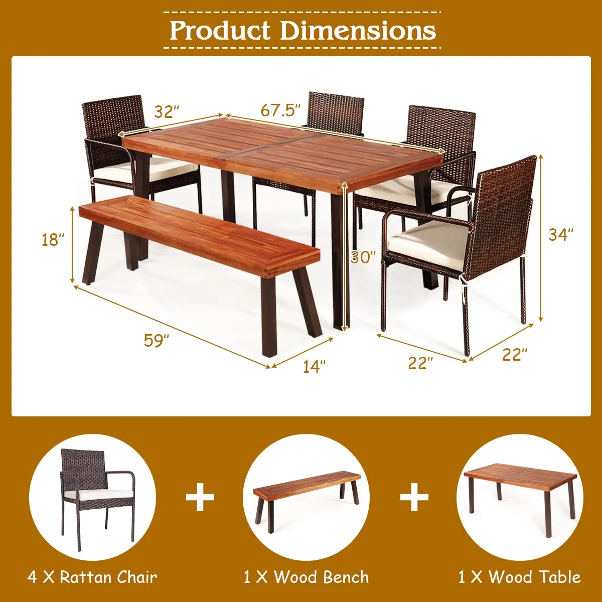 6-Piece Acacia Wood Patio Dining Set, Patiojoy Outdoor Wicker Furniture Set