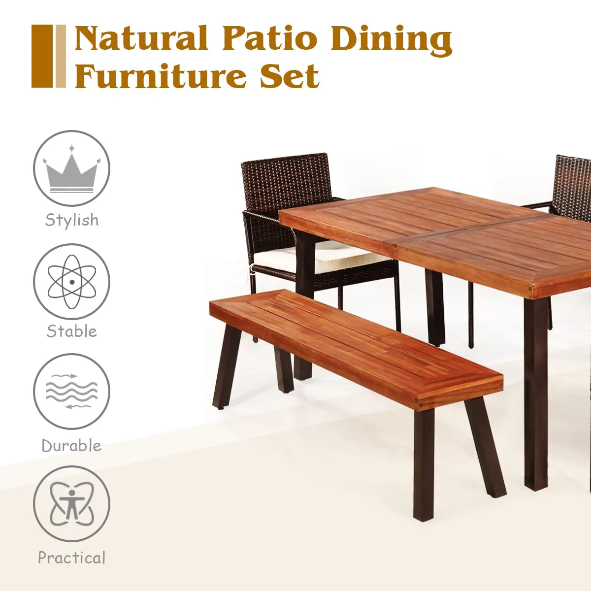 6-Piece Acacia Wood Patio Dining Set, Patiojoy Outdoor Wicker Furniture Set