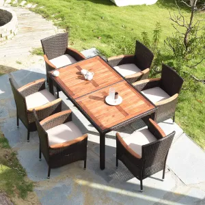 7 PCS Outdoor Patio Dining Set, Garden Dining Set w/Acacia Wood Table Top