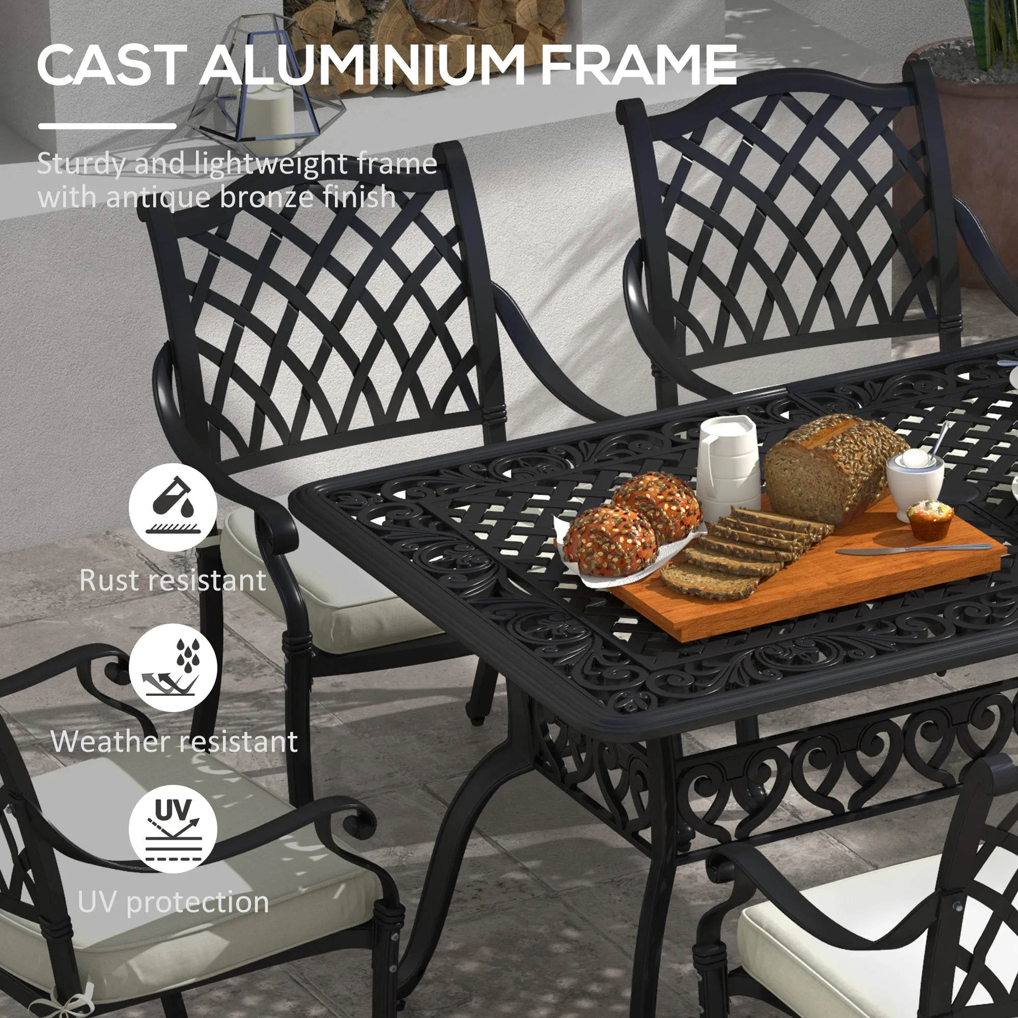 7 Pieces Aluminium Patio Dining Set with Umbrella Hole Black