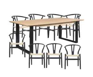 Aconite 9pc 210cm Dining Table Set 8 Wishbone Chair Solid Messmate Timber Wood