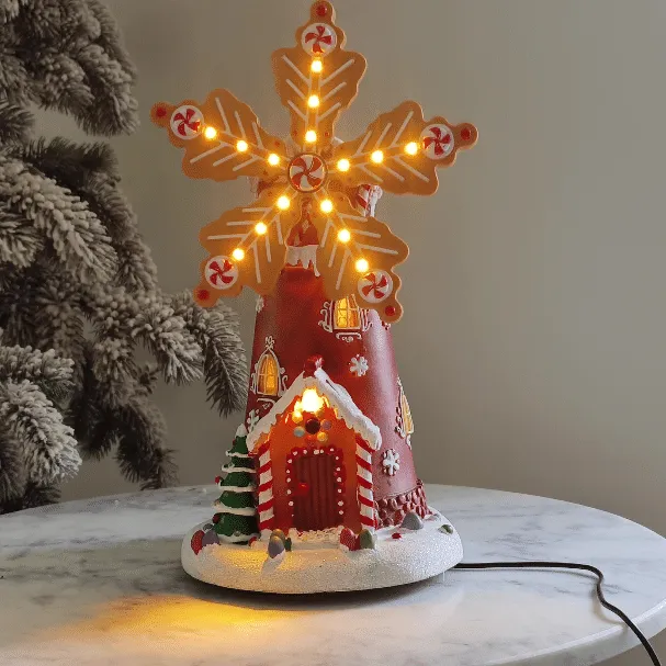 Animated Christmas Village Gingerbread House Rotating Windmill LED Lights Music