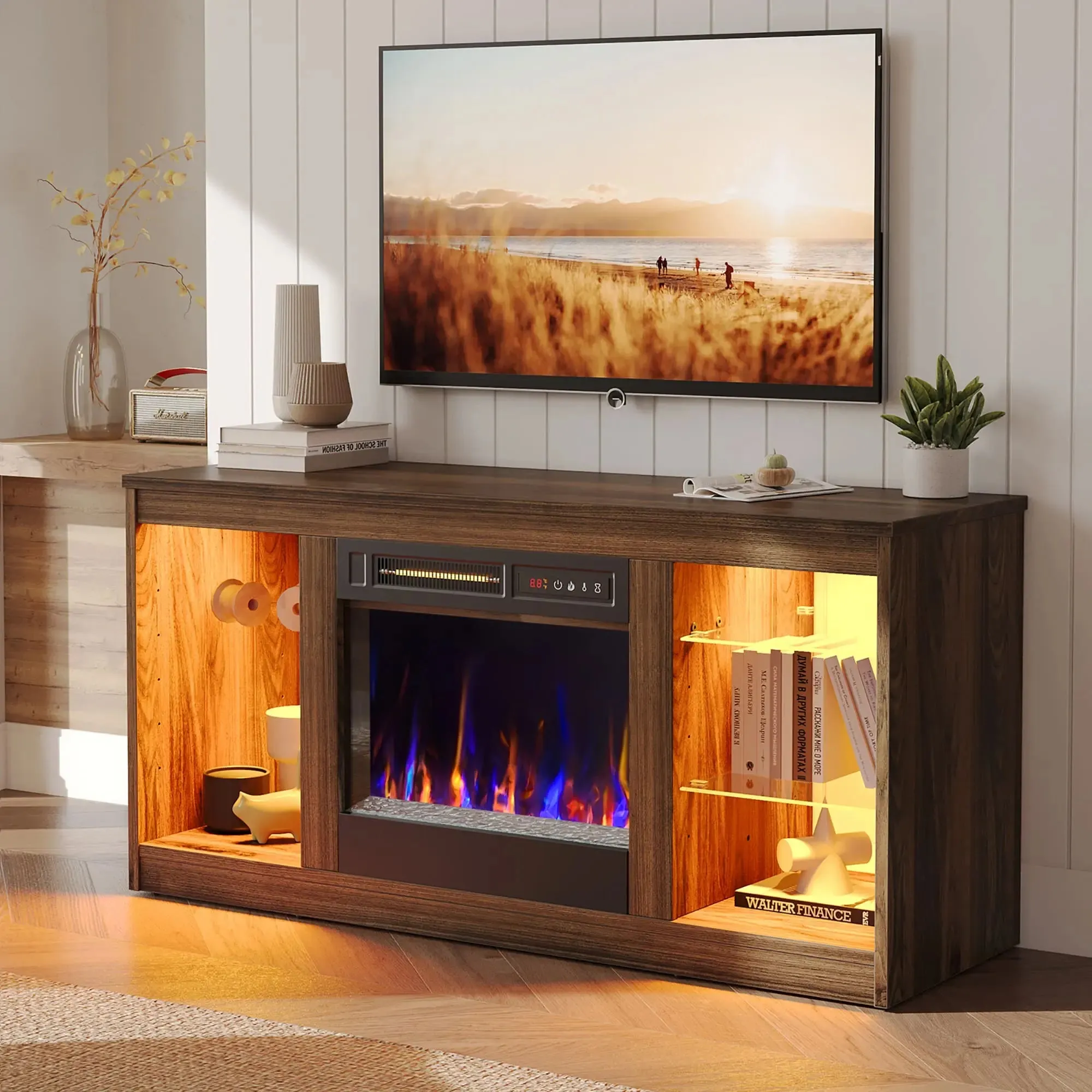 Bestier 48 Inch Electric Fireplace TV Stand with Glass Shelves