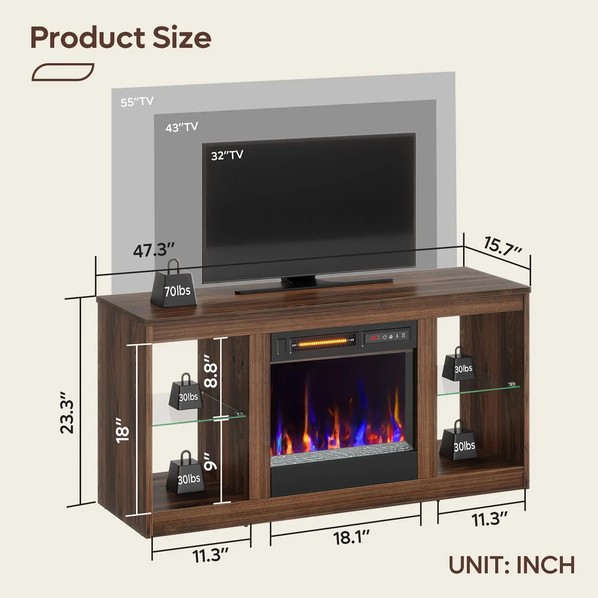 Bestier 48 Inch Electric Fireplace TV Stand with Glass Shelves