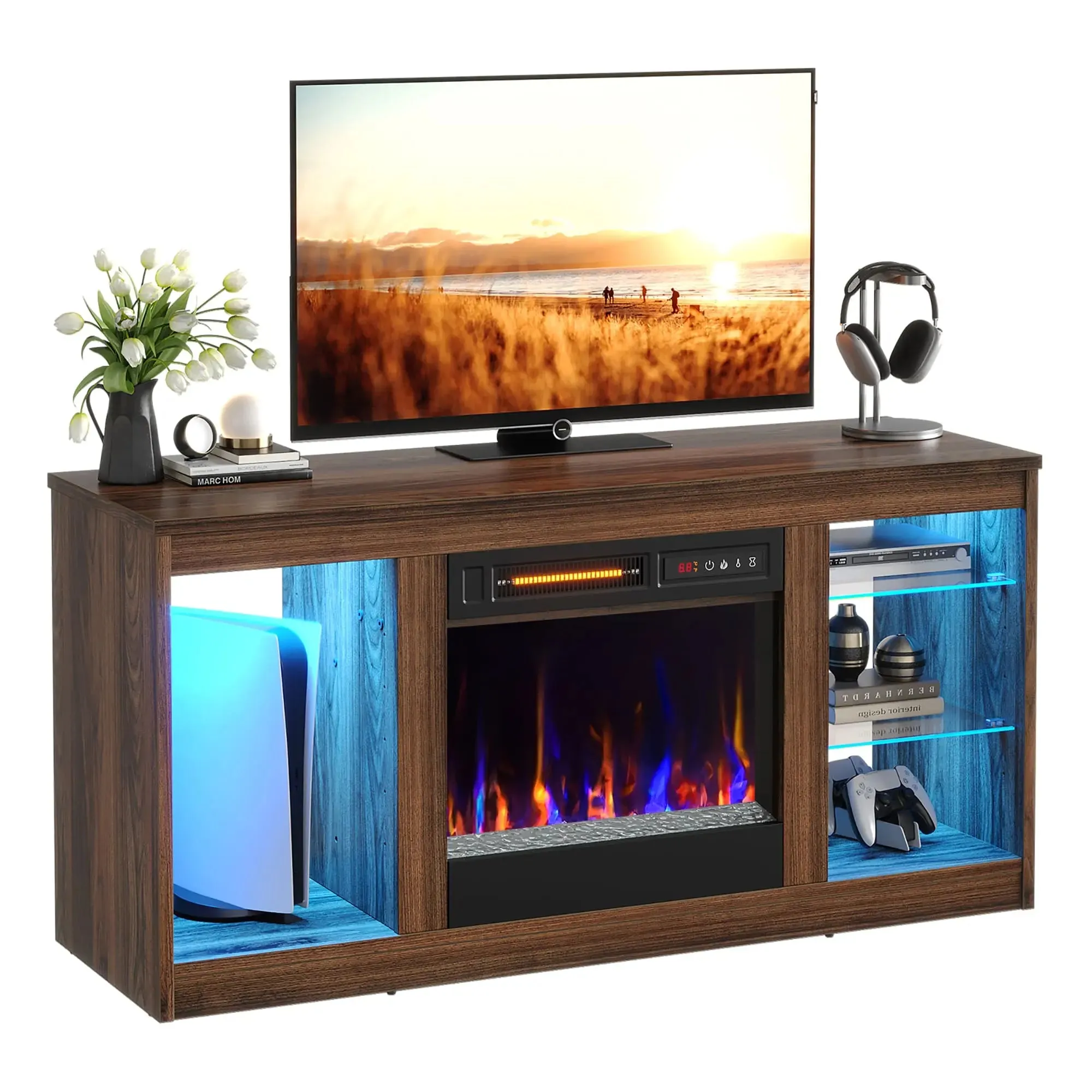 Bestier 48 Inch Electric Fireplace TV Stand with Glass Shelves