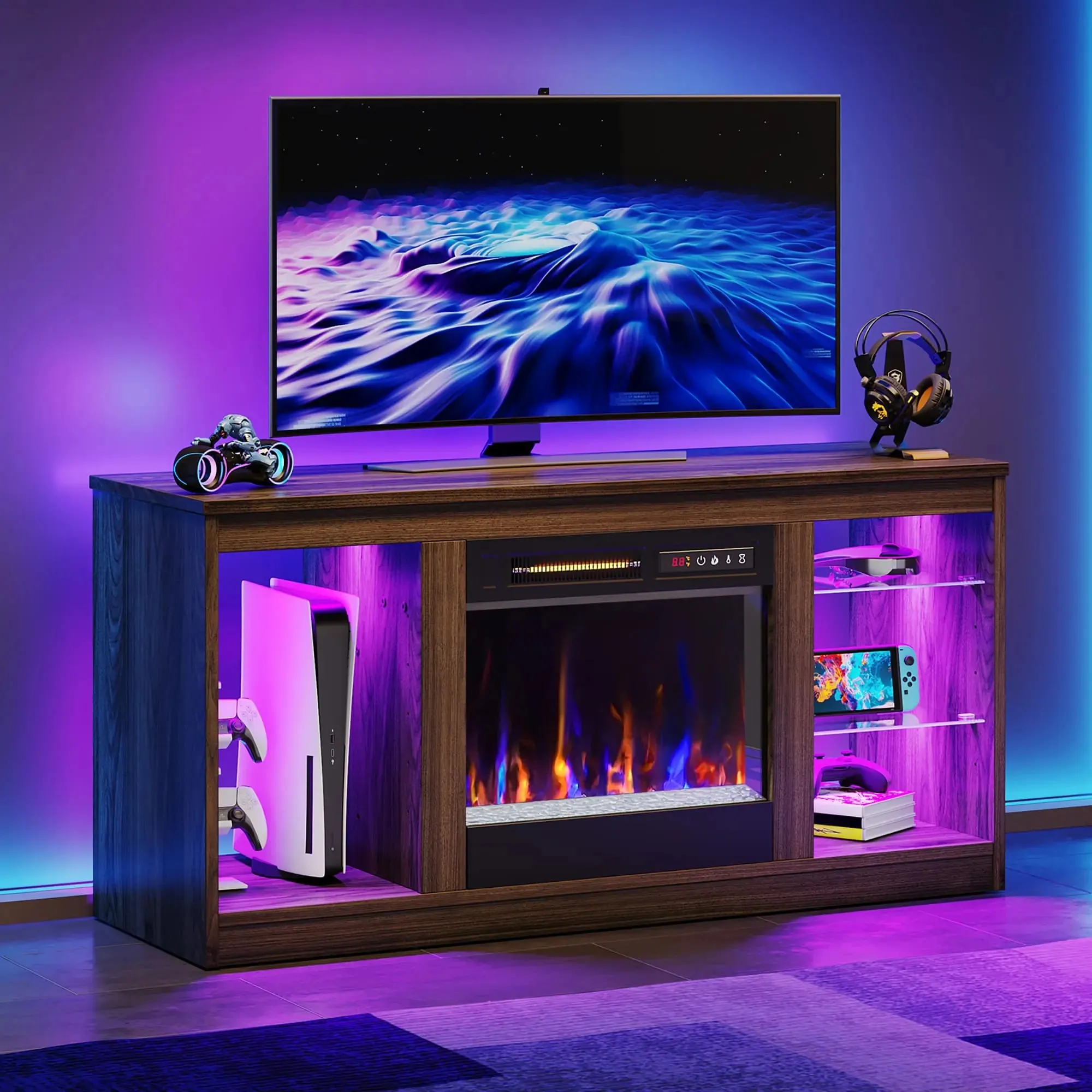 Bestier 48 Inch Electric Fireplace TV Stand with Glass Shelves