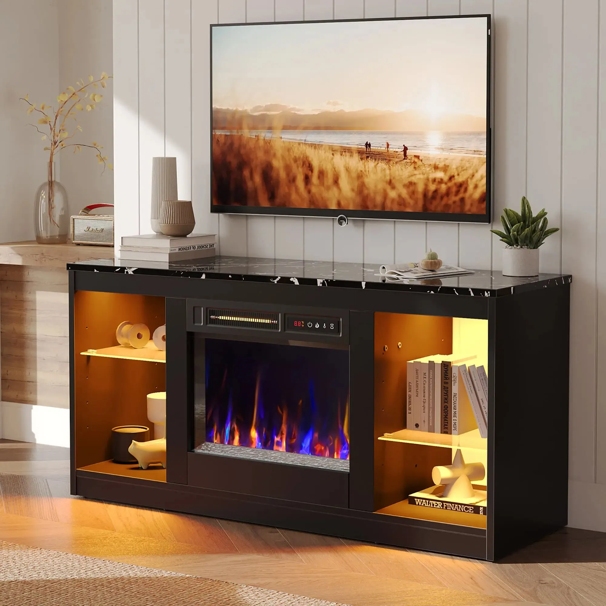 Bestier 48 Inch Electric Fireplace TV Stand with Glass Shelves