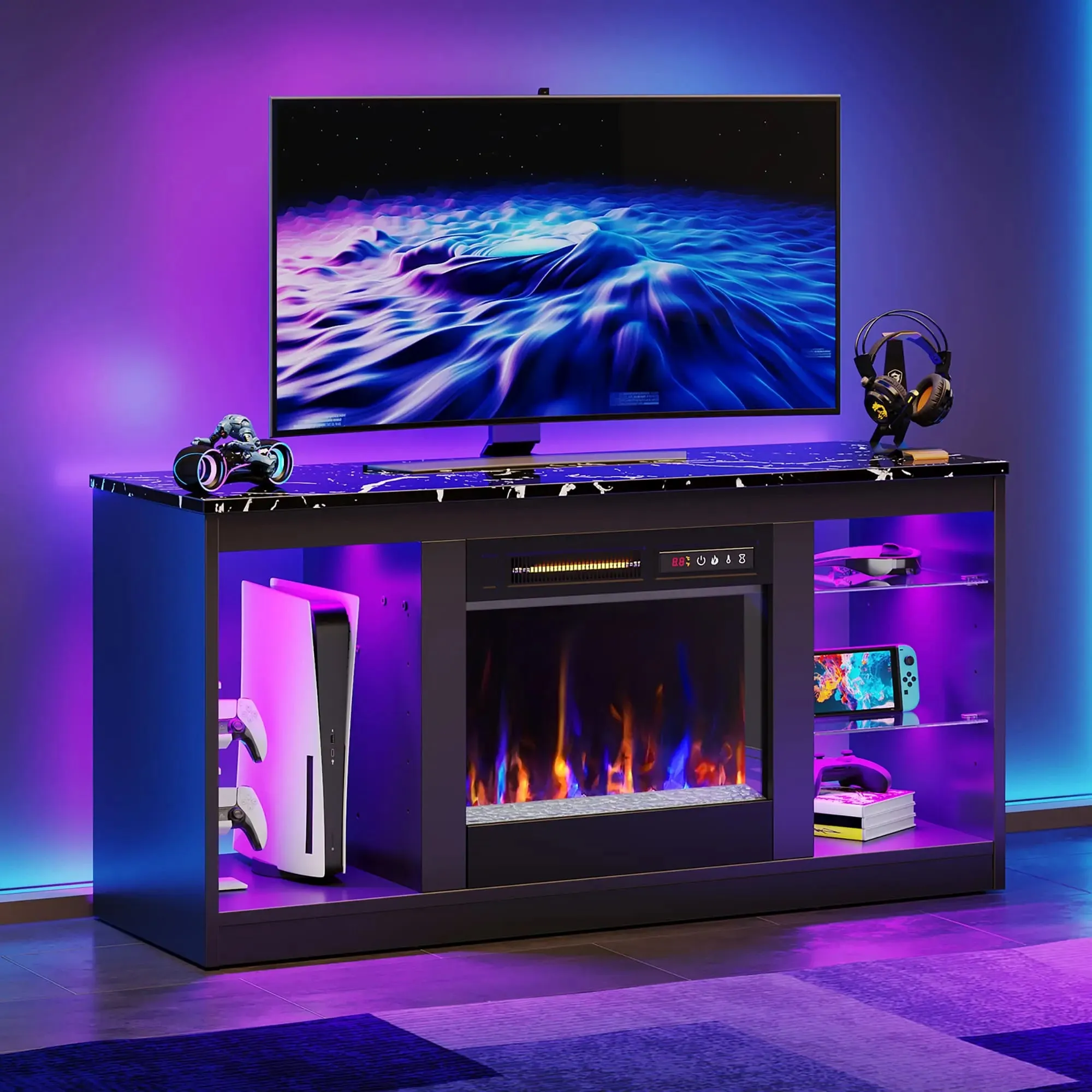 Bestier 48 Inch Electric Fireplace TV Stand with Glass Shelves