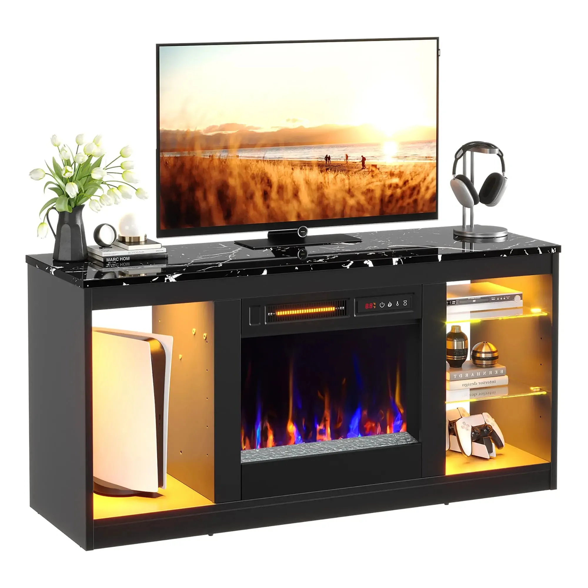 Bestier 48 Inch Electric Fireplace TV Stand with Glass Shelves