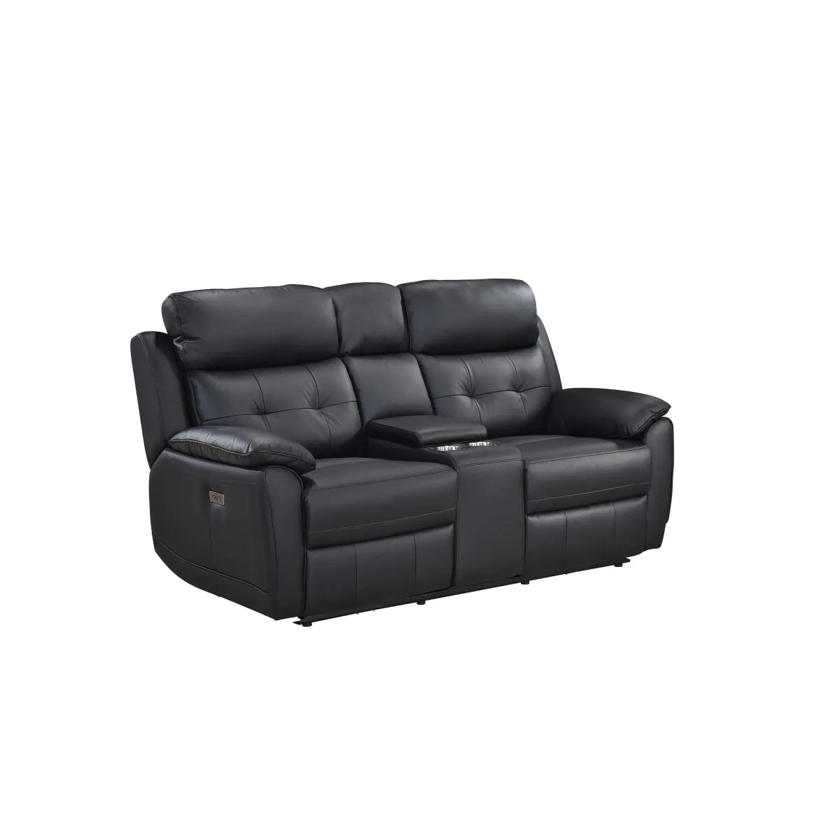 Black Leather Power Reclining Console Loveseat with USB Ports