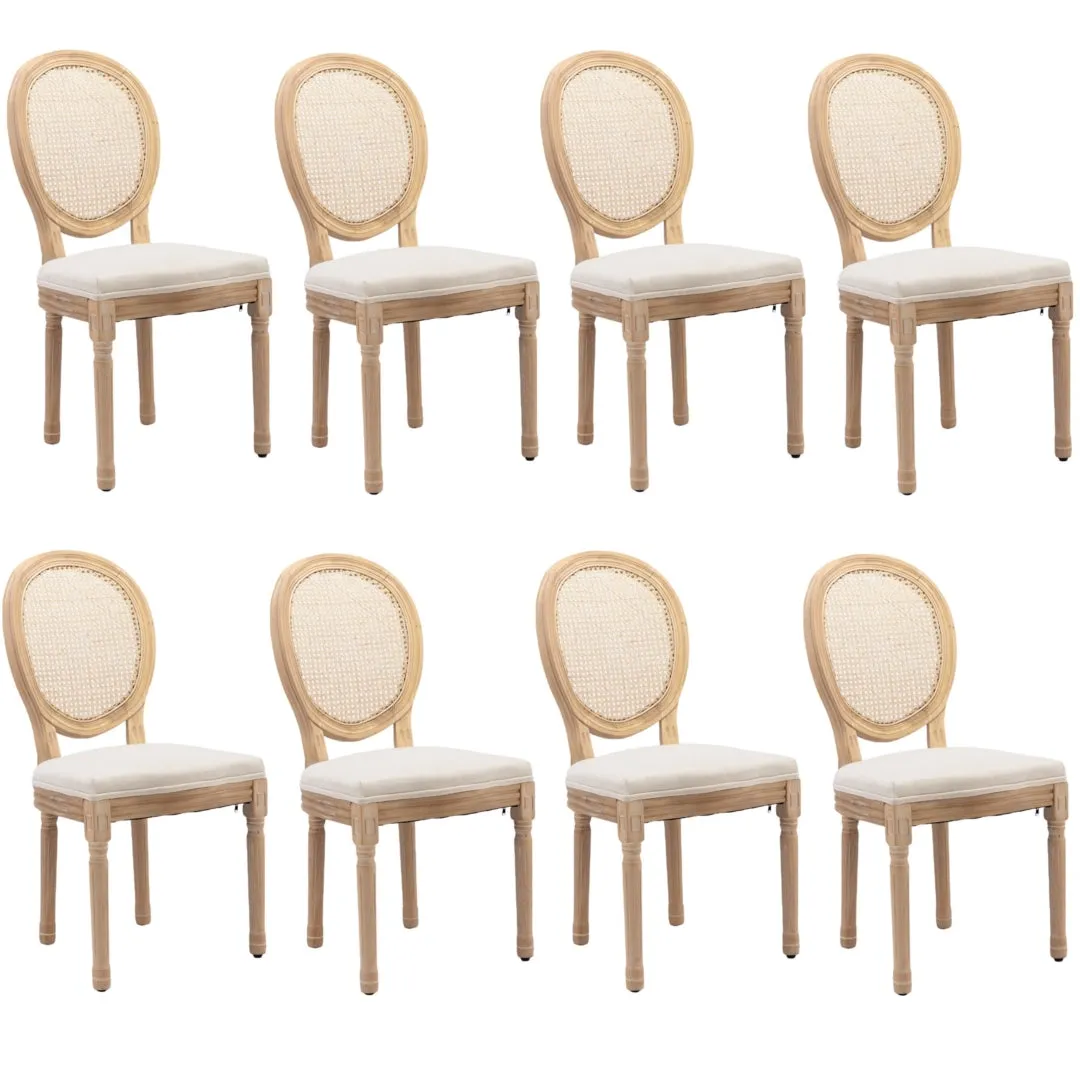 Chic French Vintage Rattan Dining Chairs, Solid Wood Legs, Set of 8