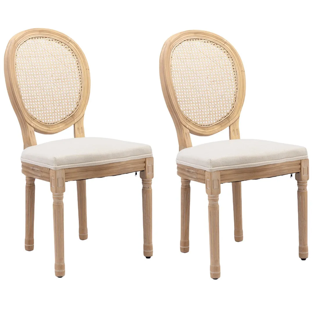 Chic Rattan & Linen Dining Chairs, Carved Wood Legs, Set of 2