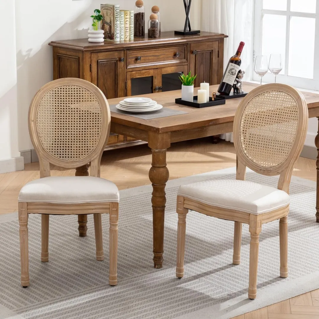 Chic Rattan & Linen Dining Chairs, Carved Wood Legs, Set of 2