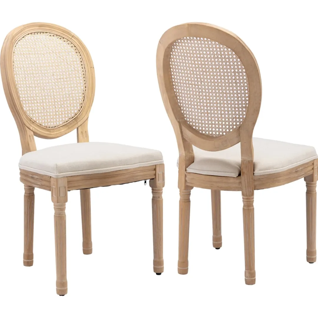 Chic Rattan & Linen Dining Chairs, Carved Wood Legs, Set of 2