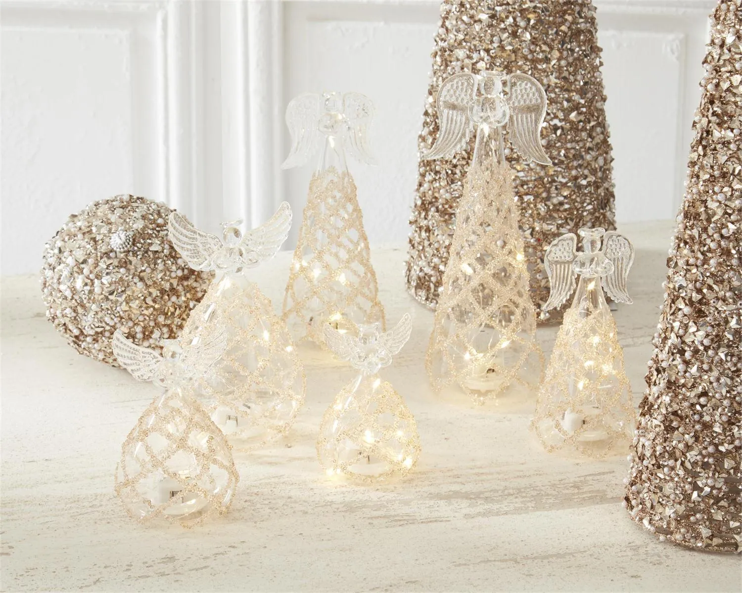 Clear Glass LED Trees w/Lattice Gold Beads