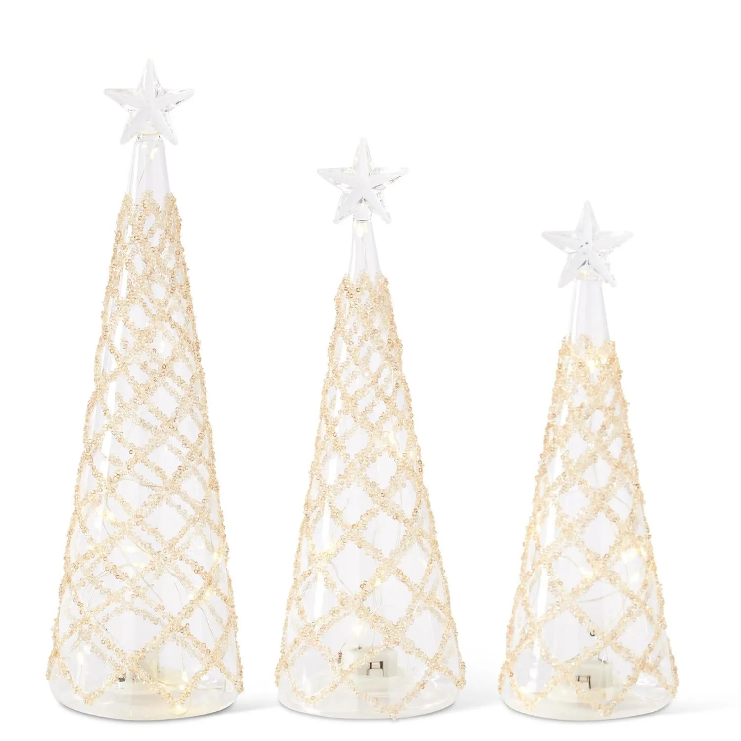 Clear Glass LED Trees w/Lattice Gold Beads