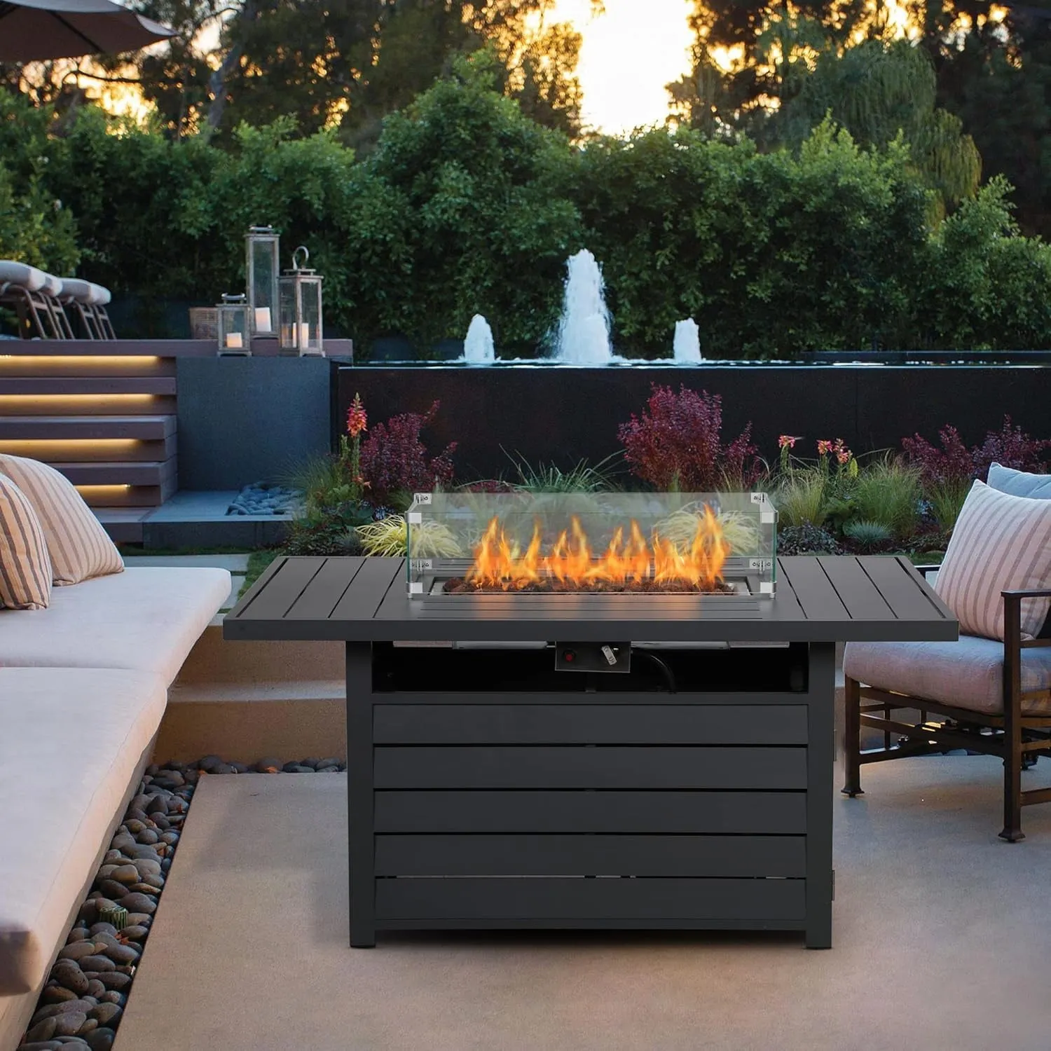 CozyHom Outdoor Metal Gas Burning Fire Pit Table, 50,000 BTU Propane Fire Pit Metal Fire Pit Table with Volcanic Stone & Windshield, Gray