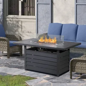 CozyHom Outdoor Metal Gas Burning Fire Pit Table, 50,000 BTU Propane Fire Pit Metal Fire Pit Table with Volcanic Stone & Windshield, Gray