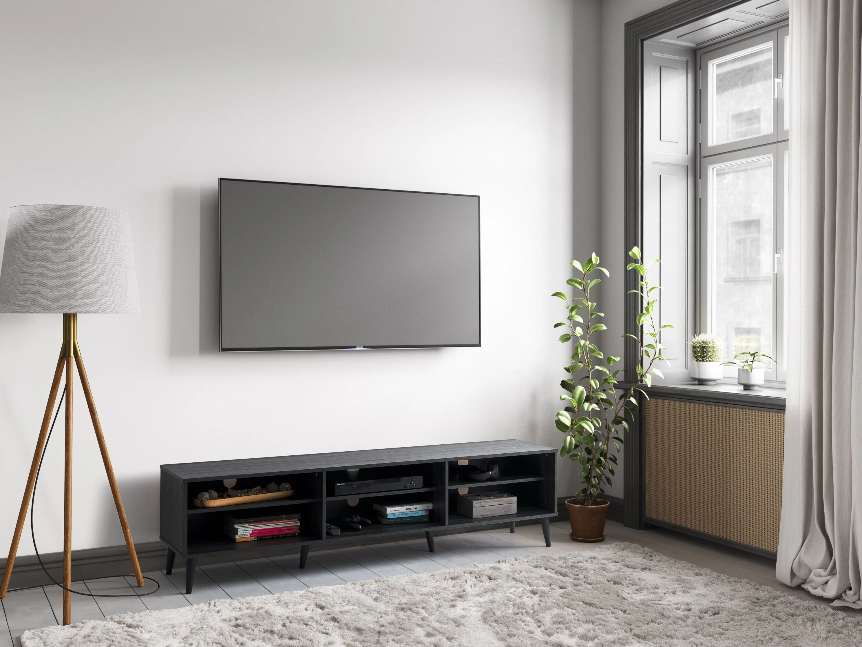 Dark Grey TV Bench with Open Shelves, TVs up to 85"