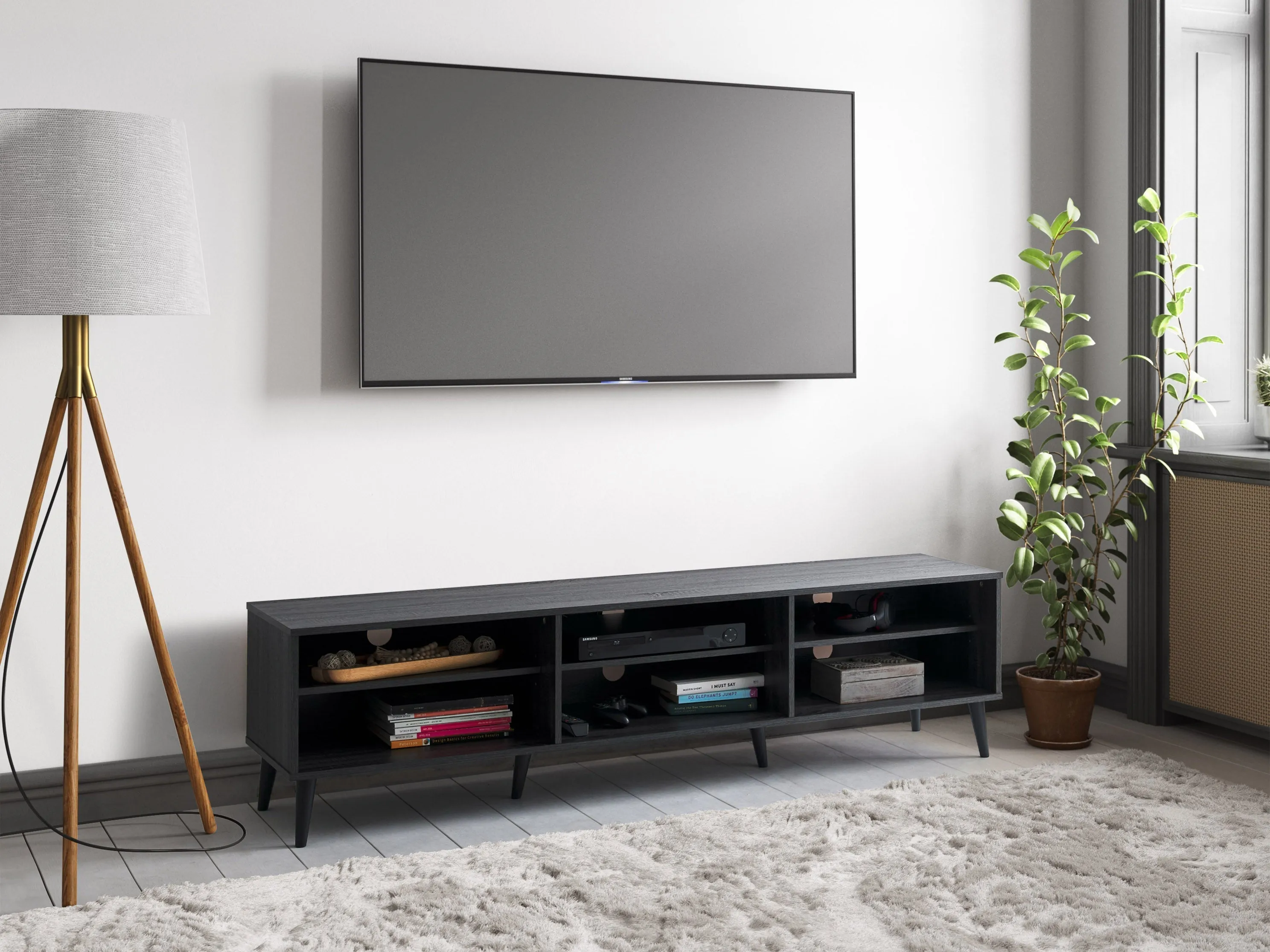 Dark Grey TV Bench with Open Shelves, TVs up to 85"