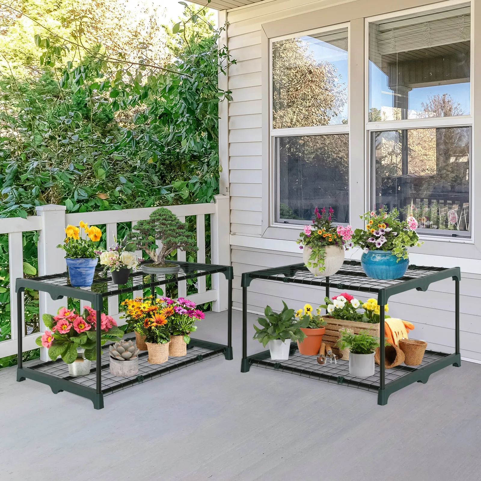 EAGLE PEAK Greenhouse Shelving Staging Double 2 Tier, Outdoor / Indoor Plant Shelves, 27" x 19" x 16", Green