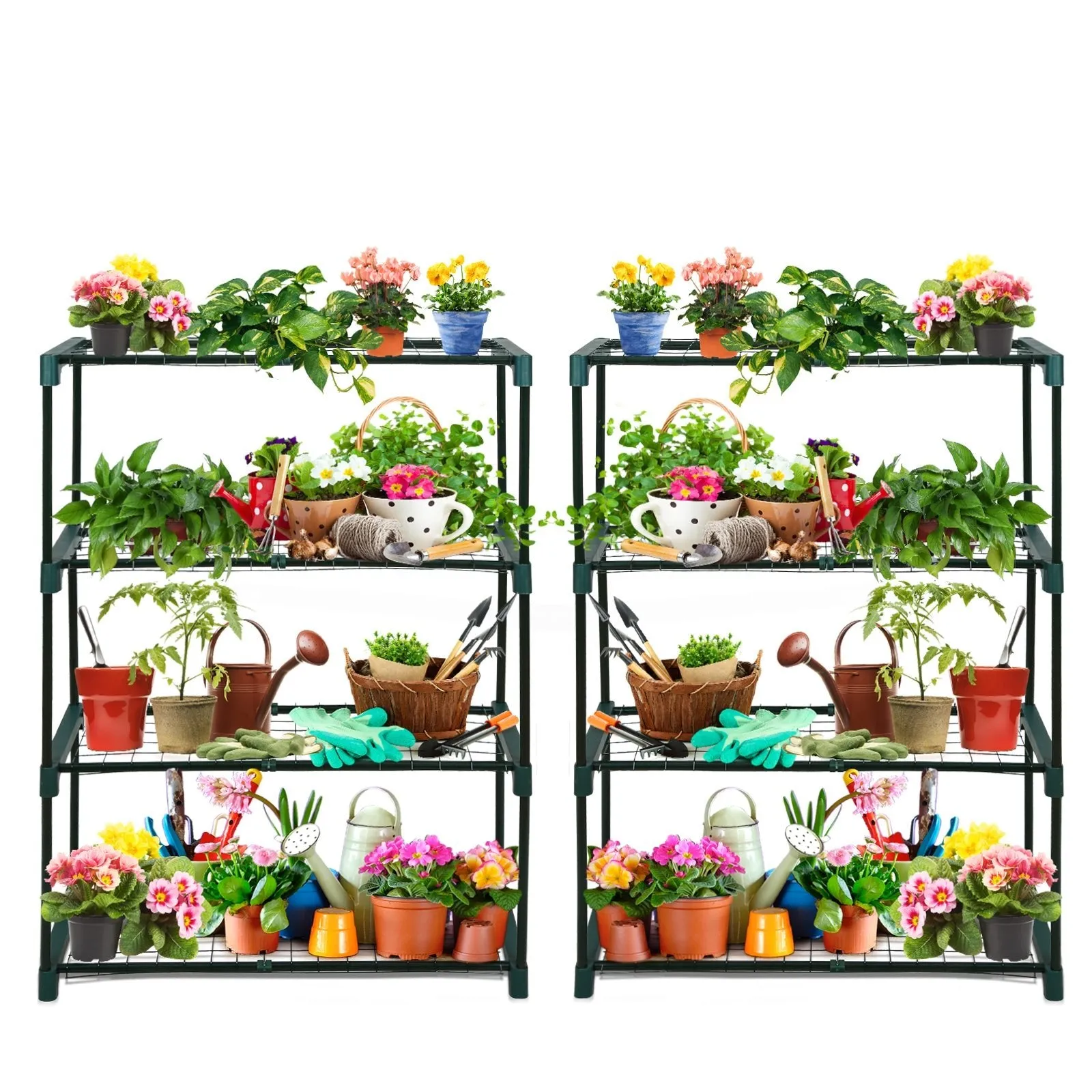 EAGLE PEAK Greenhouse Shelving Staging Double 4 Tier, Outdoor / Indoor Plant Shelves, 30" x 12" x 42", Green