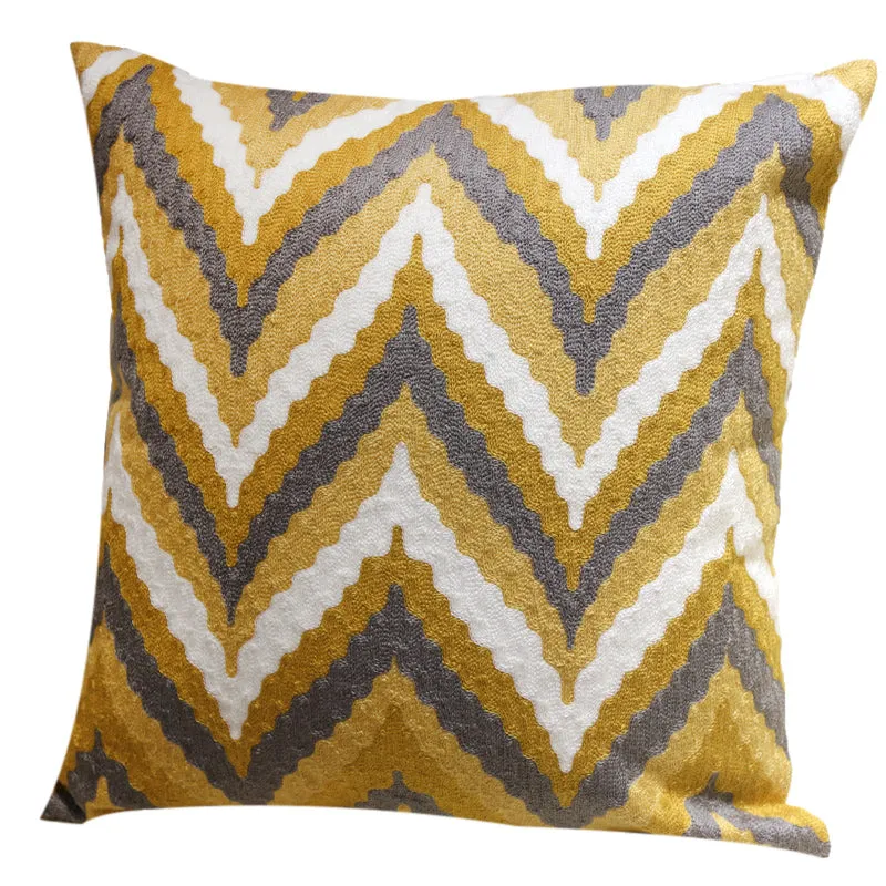 Embroidered Yellow and Grey Throw Cushion