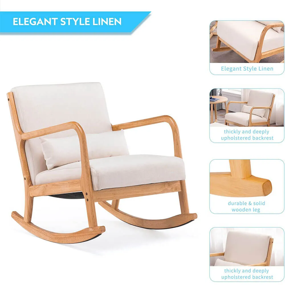 Fabric Rocking Chair, Mid-Century Glider Rocker with Padded Seat, with Ottoman, Seat Wood Base, Linen Accent Chair for Living Room