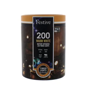 Festive 200 Warm White LED Battery Operated String Lights (19.9m)