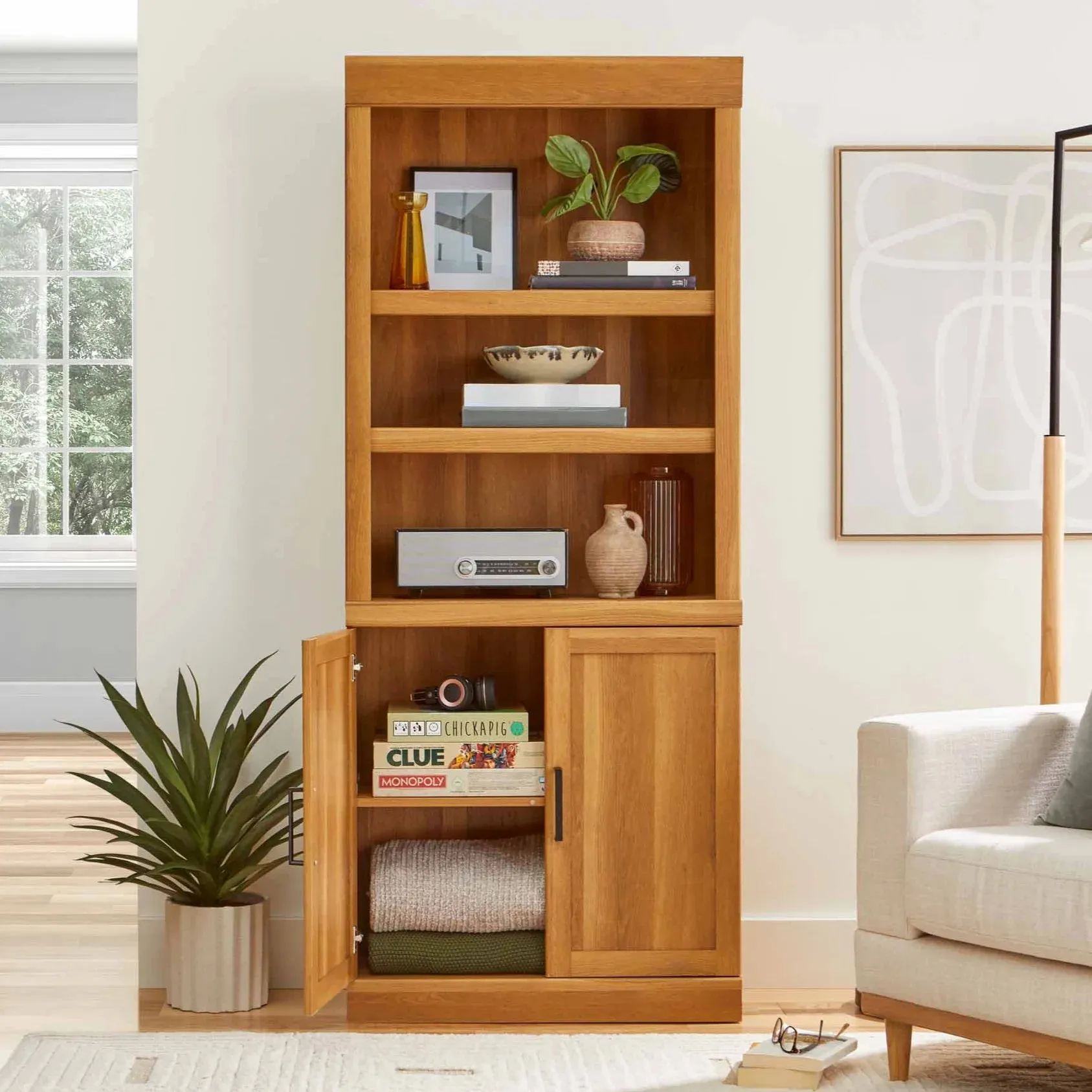 Glendale Bookcase with Doors, Light Honey Finish