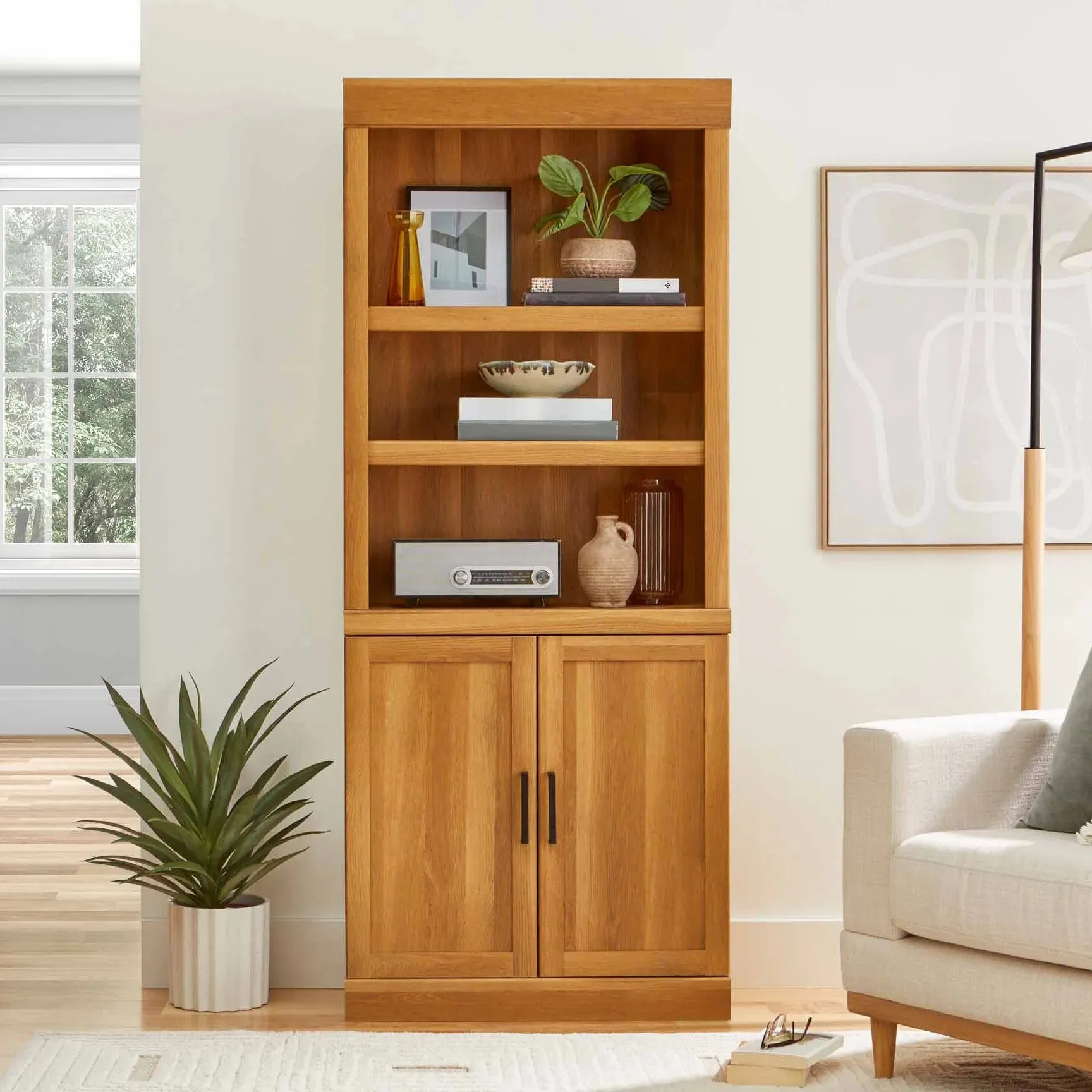 Glendale Bookcase with Doors, Light Honey Finish