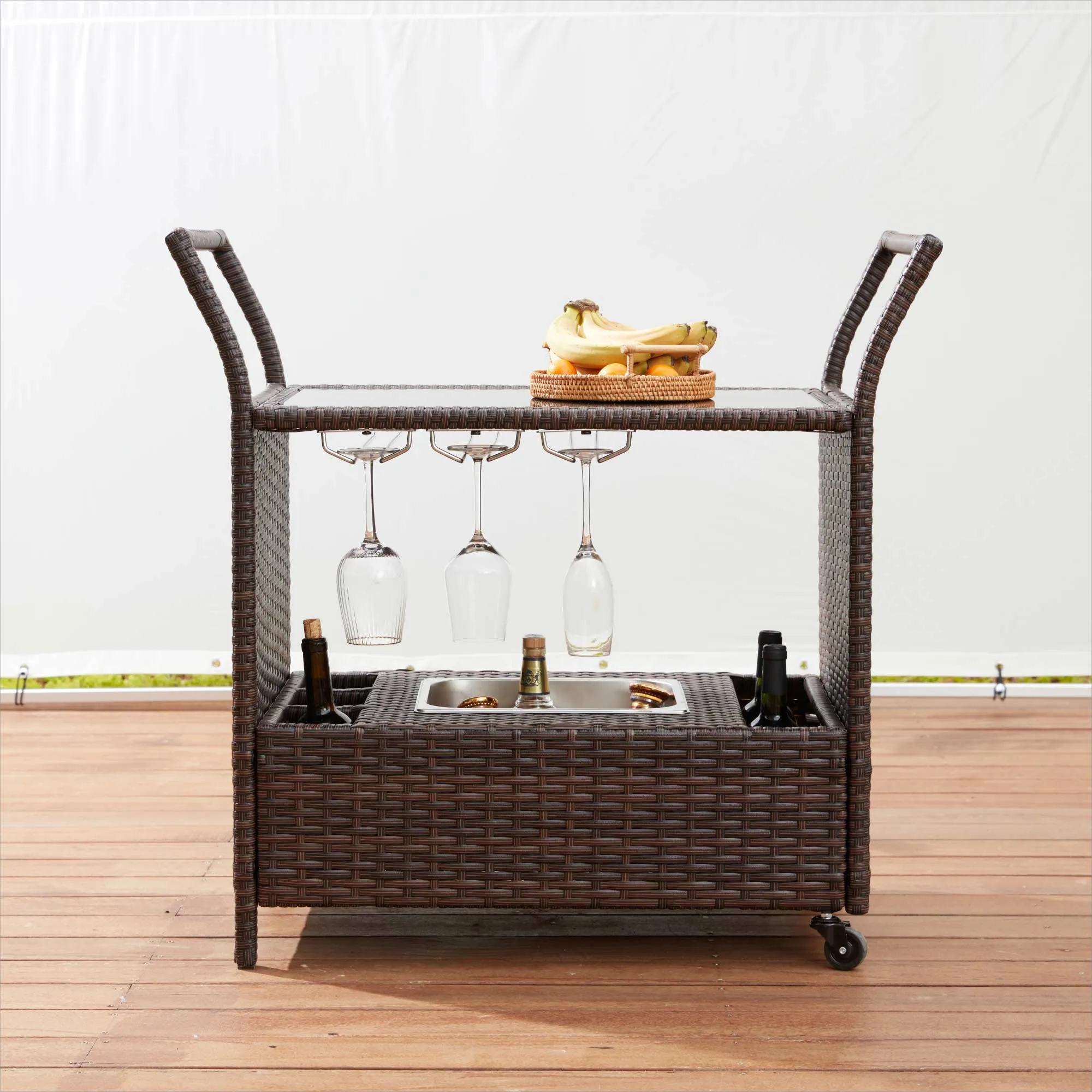 Homrest Outdoor Wicker Bar Cart with Removable Ice Bucket and Wheels, Brown