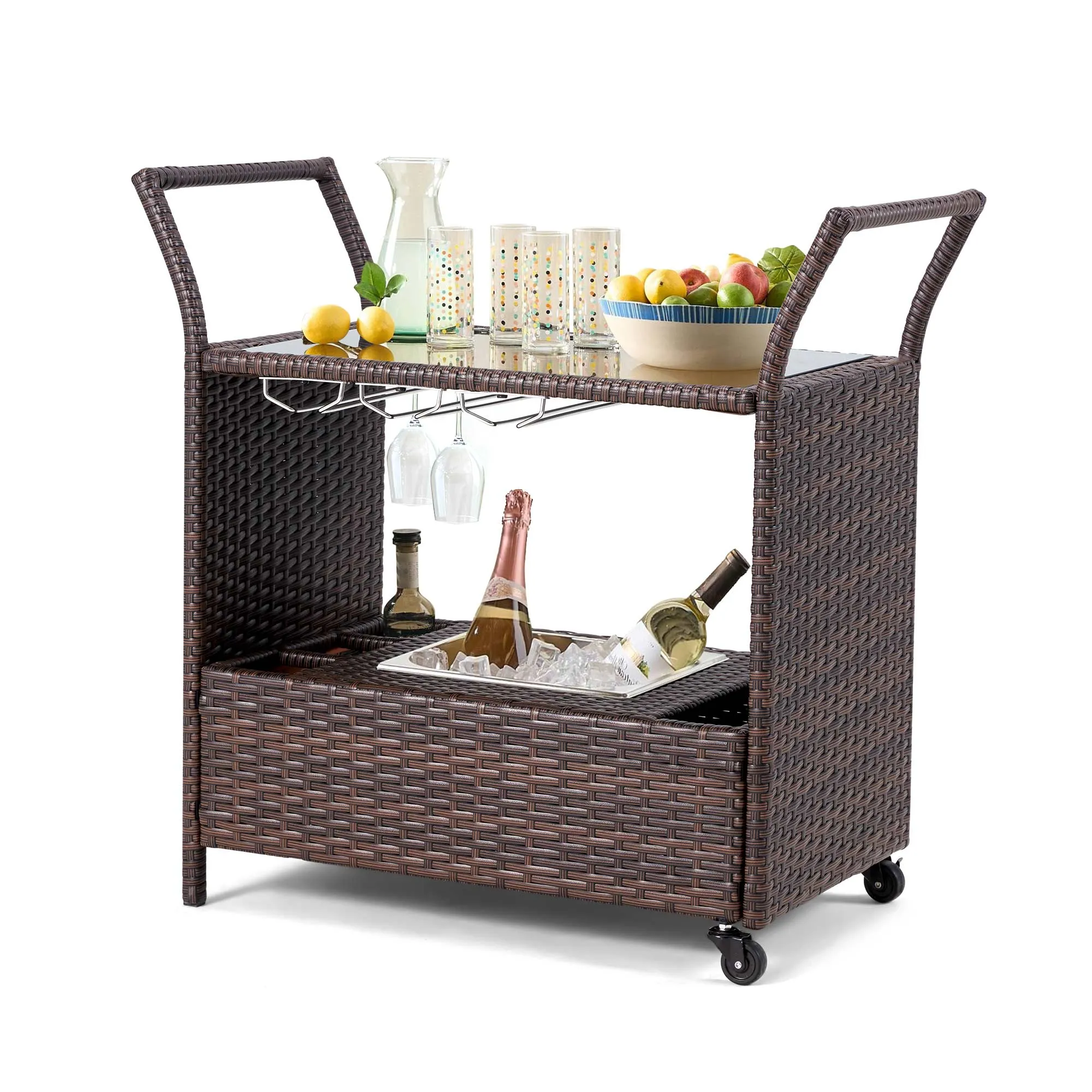 Homrest Outdoor Wicker Bar Cart with Removable Ice Bucket and Wheels, Brown