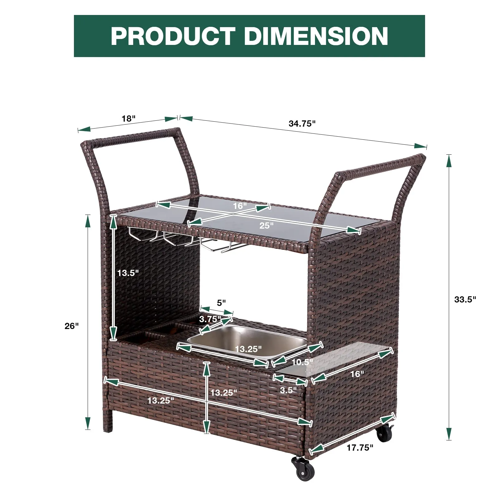 Homrest Outdoor Wicker Bar Cart with Removable Ice Bucket and Wheels, Brown