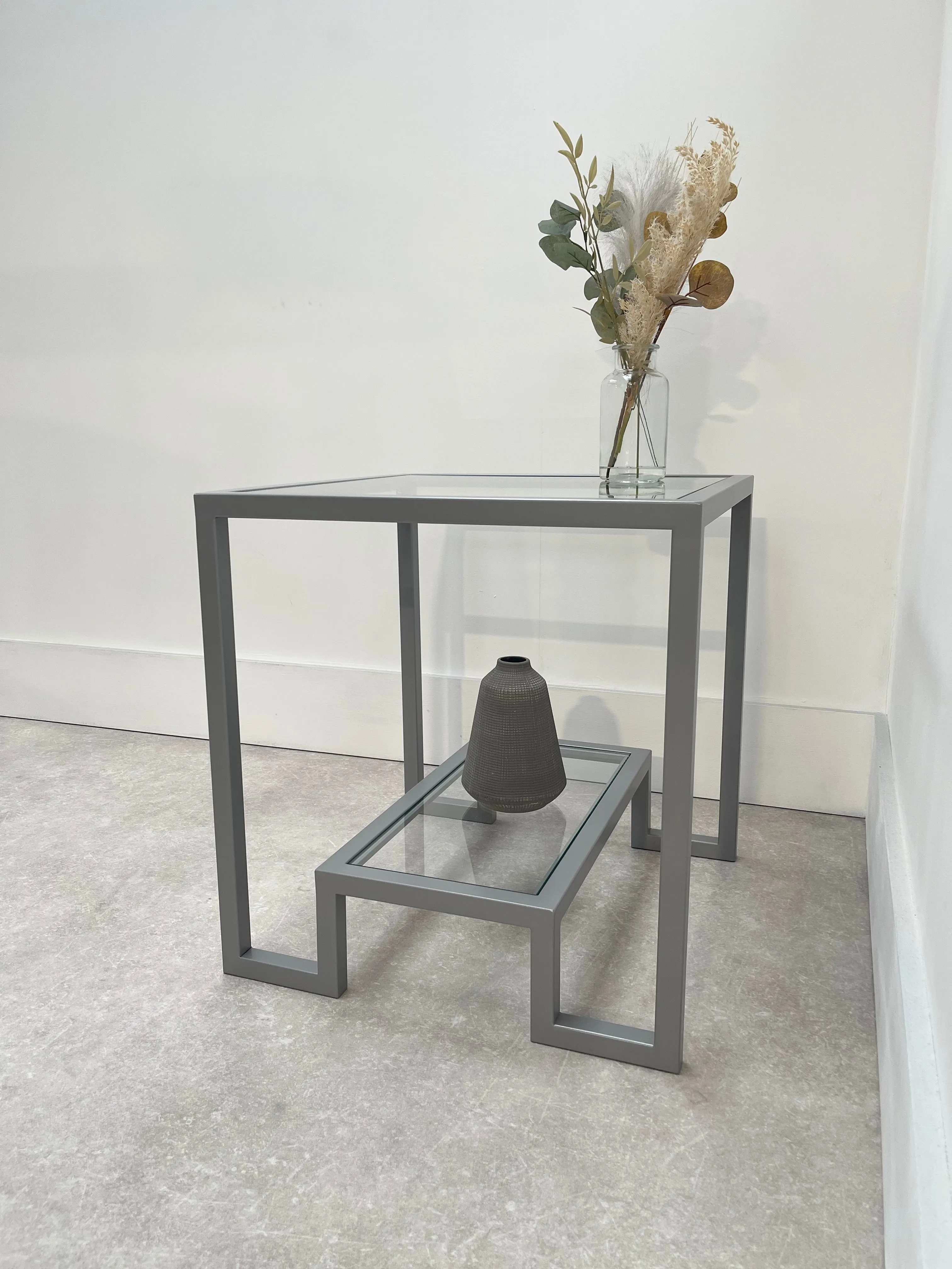 Hudson Glass Metal Side Table - Silver/Light Grey