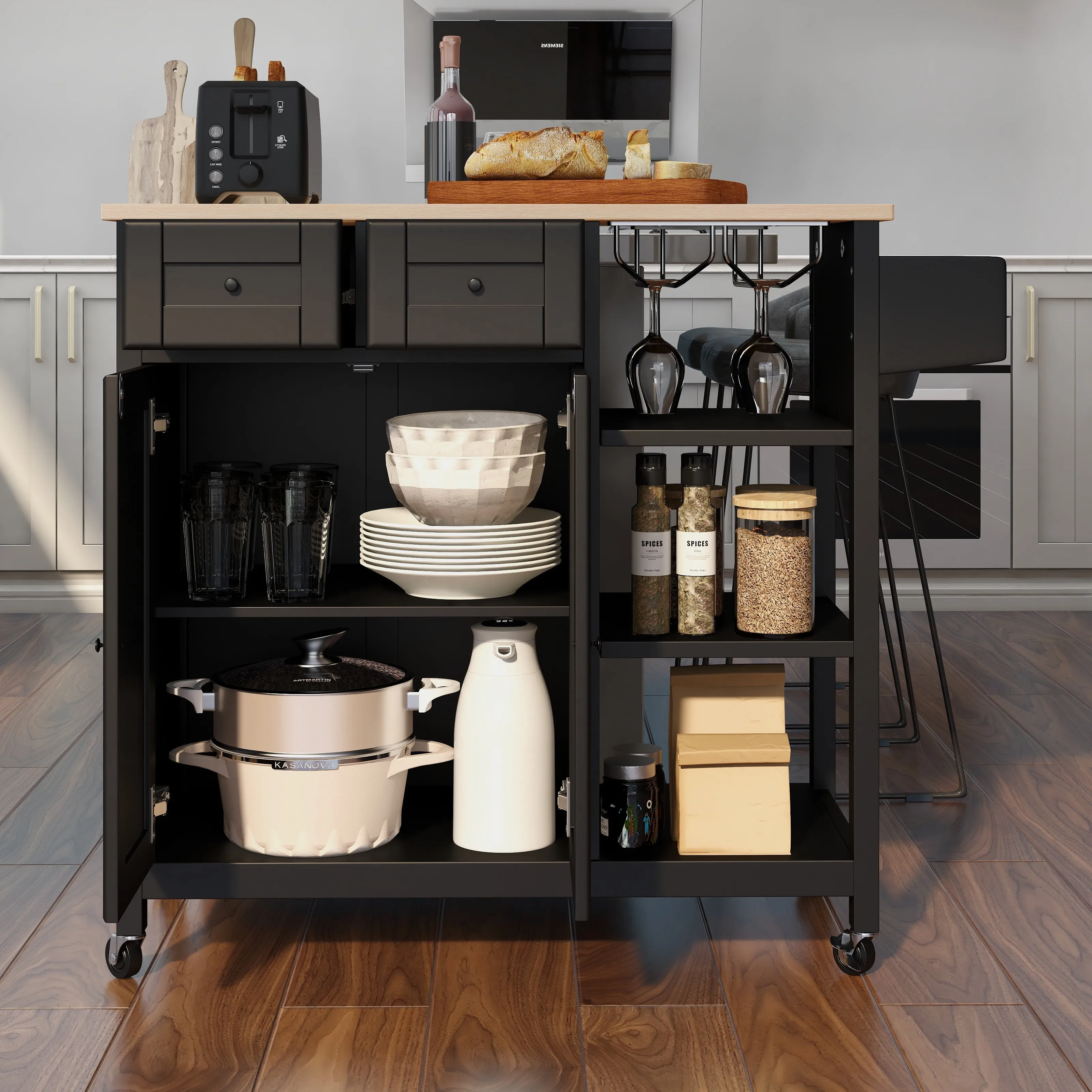 Kitchen Island Cart with Wood, 35.5" Width Kitchen Island on Wheels with Drawer, Open Shelves & Spice Rack, Black