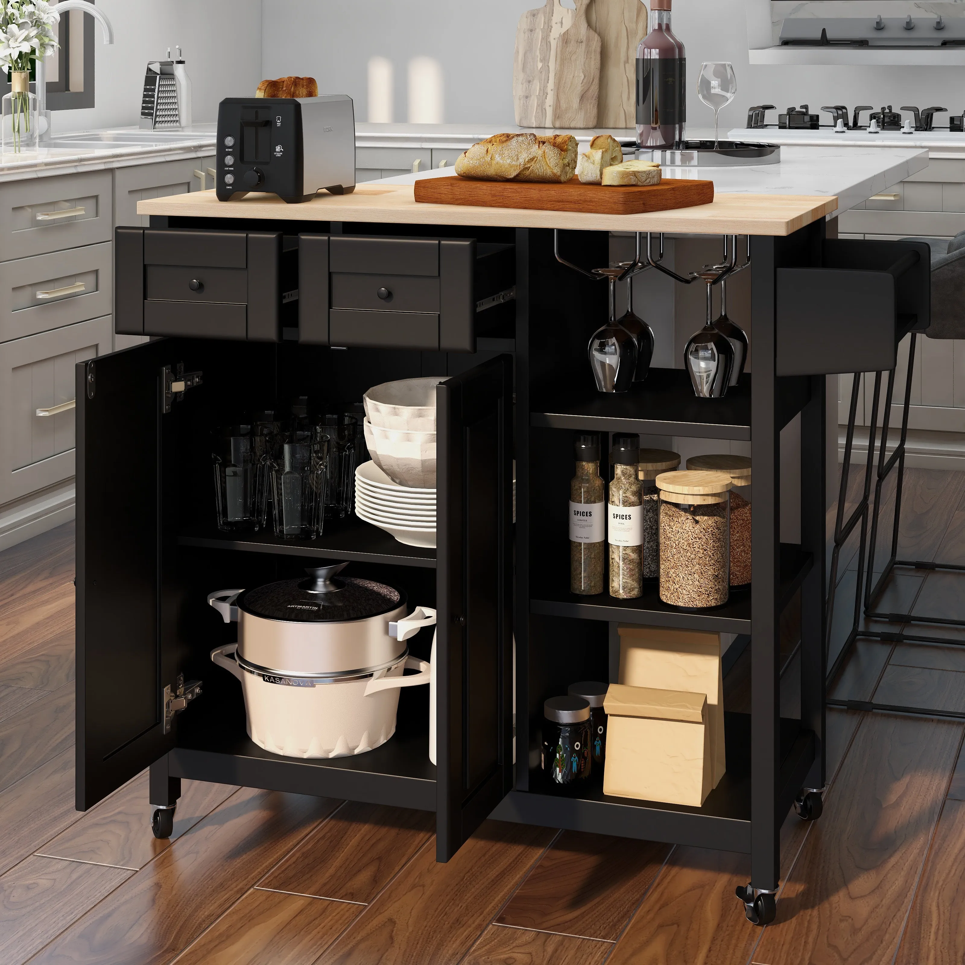 Kitchen Island Cart with Wood, 35.5" Width Kitchen Island on Wheels with Drawer, Open Shelves & Spice Rack, Black