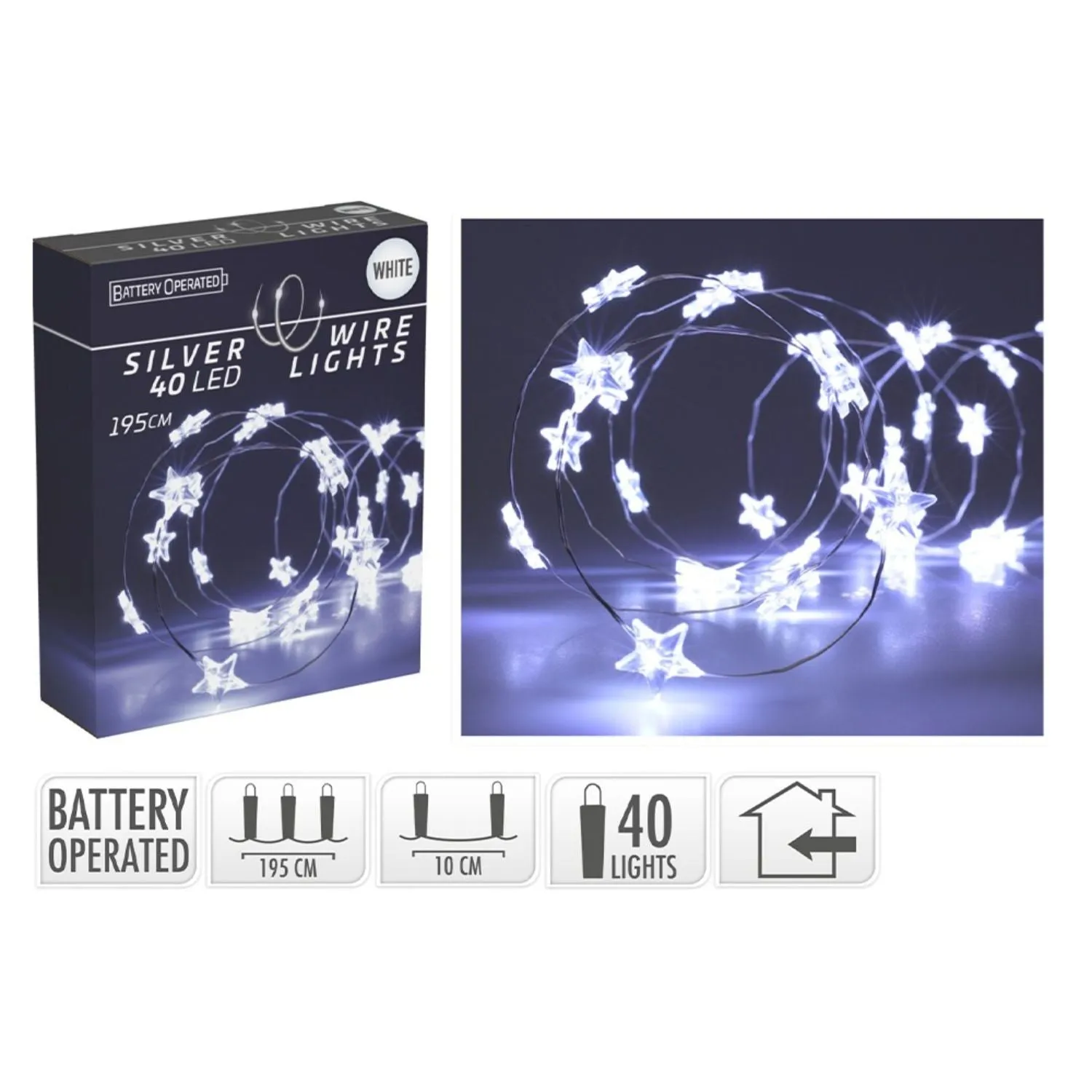 Koopman 195cm Silver Wire 40LED White Star String Lights