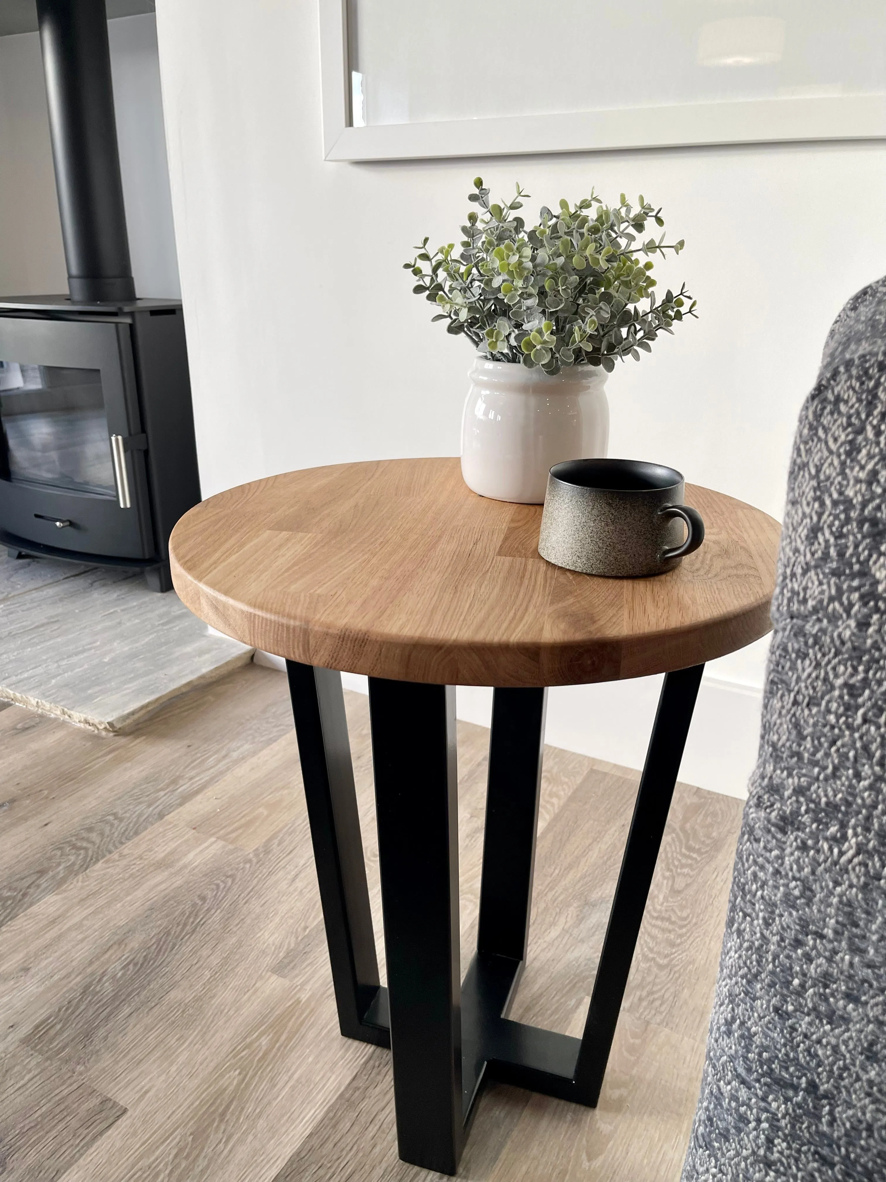 Landon Round Oak Metal Side Table