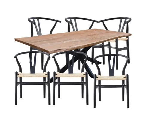 Lantana 7pc 180cm Dining Table 6 Black Wishbone Chair Set Live Edge Acacia Wood