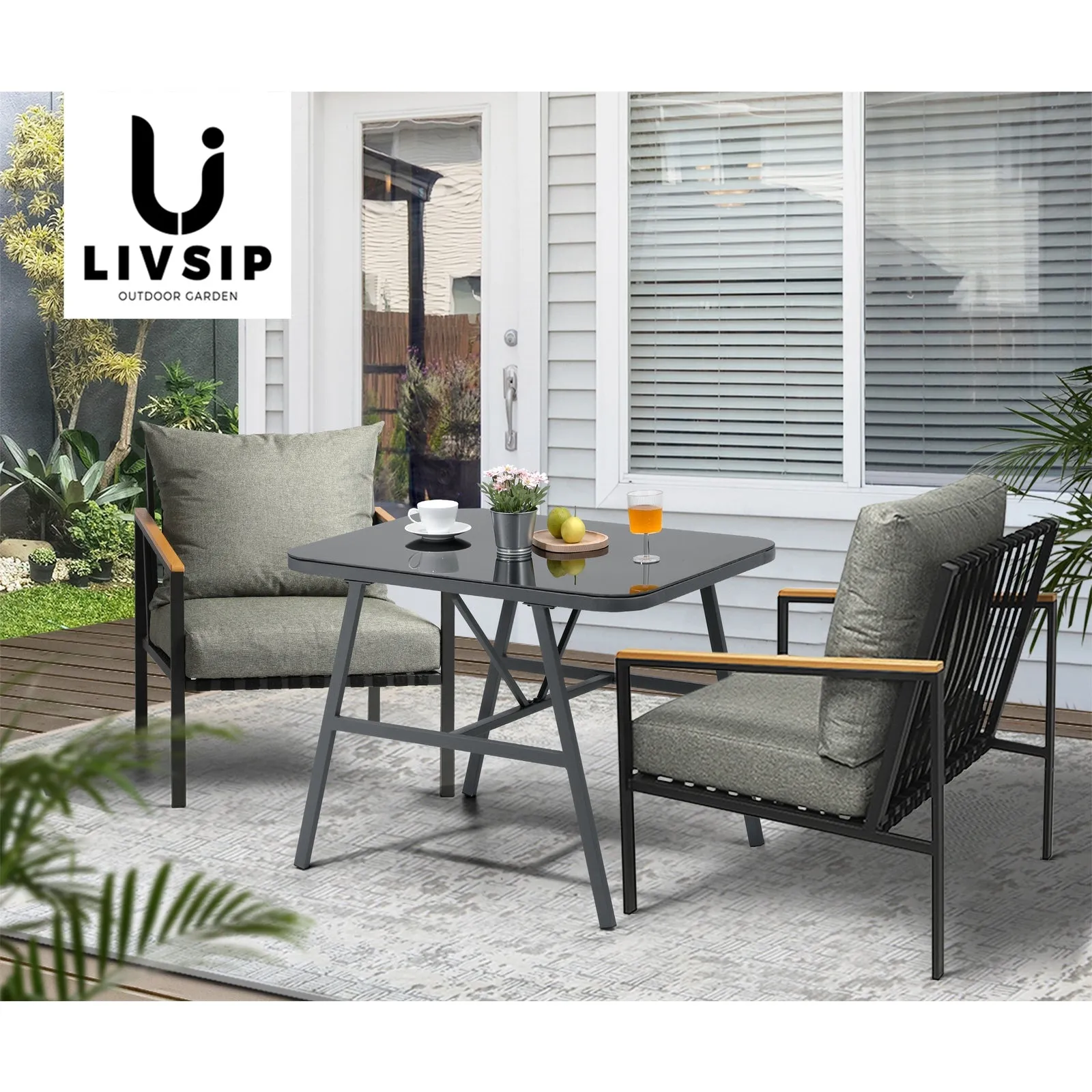 Livsip Outdoor Dining Set Table and Chairs Patio Furniture Garden Setting 3PCS