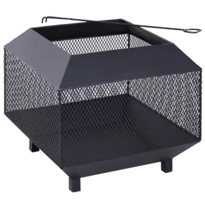 Metal Square Fire Pit Outdoor Mesh Firepit Brazier w/ Lid, Log Grate, Poker for Backyard, Camping, Wood Burning Stove, 44 x 44 x 40cm, Black