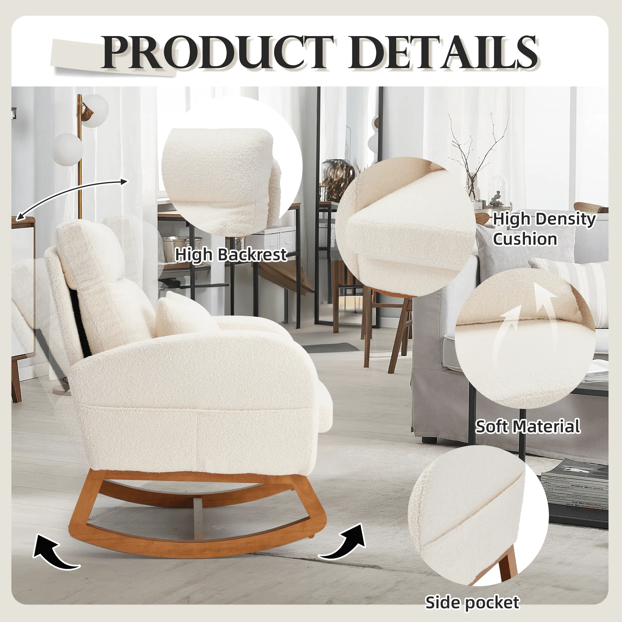 Modern Rocking Accent Chair with Blanket & Lumber Pillow, High Back Glider Chair Nursery Chair with Dual Side Pockets